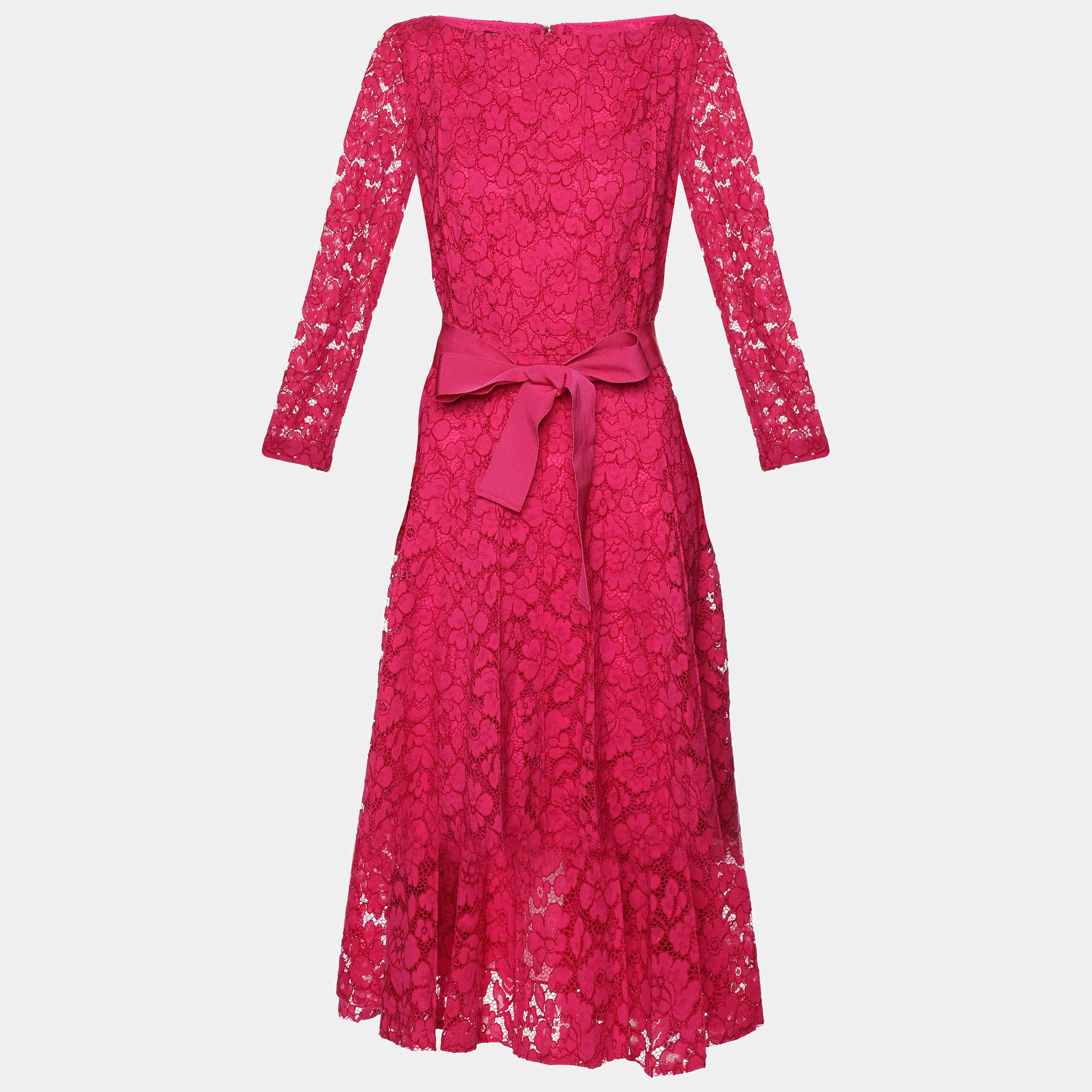 Pre Owned Carolina Herrera Pink Floral Lace Midi Dress M