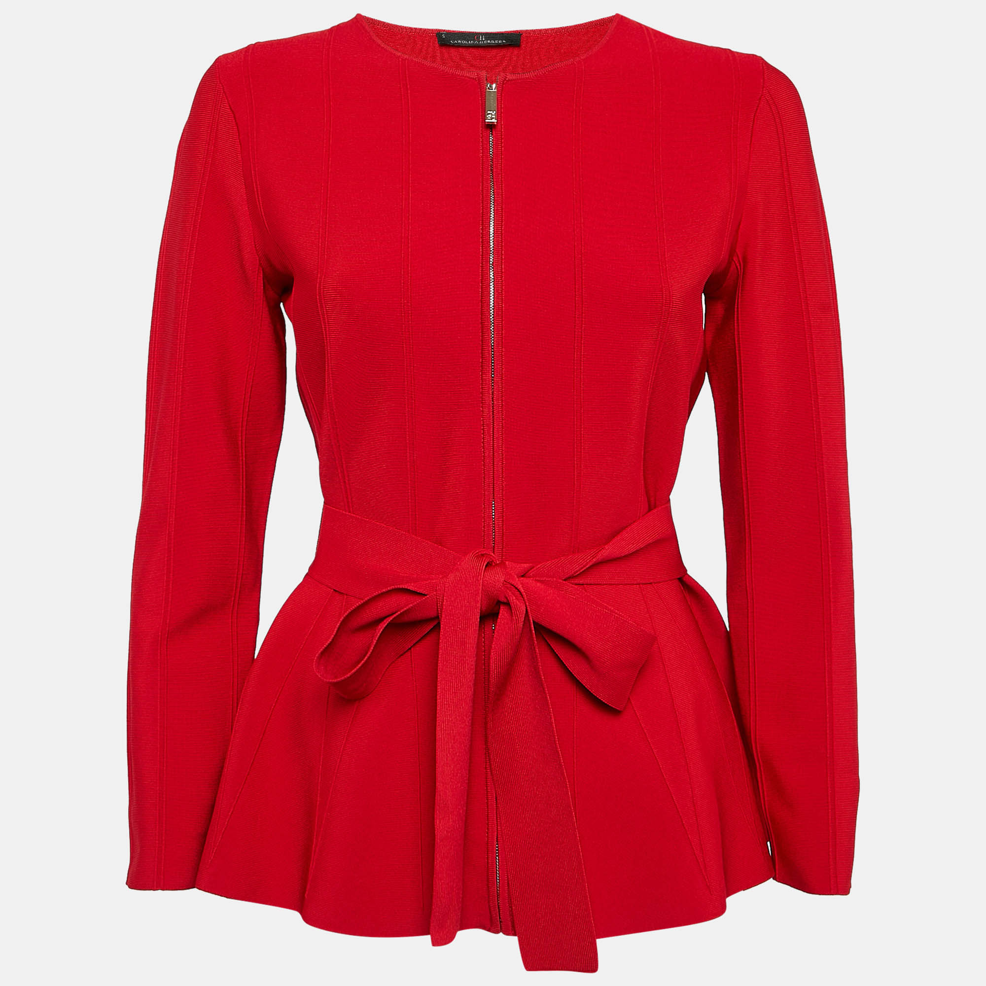 Carolina Herrera Red Stripe Knit Flared Zip-Up Jacket S