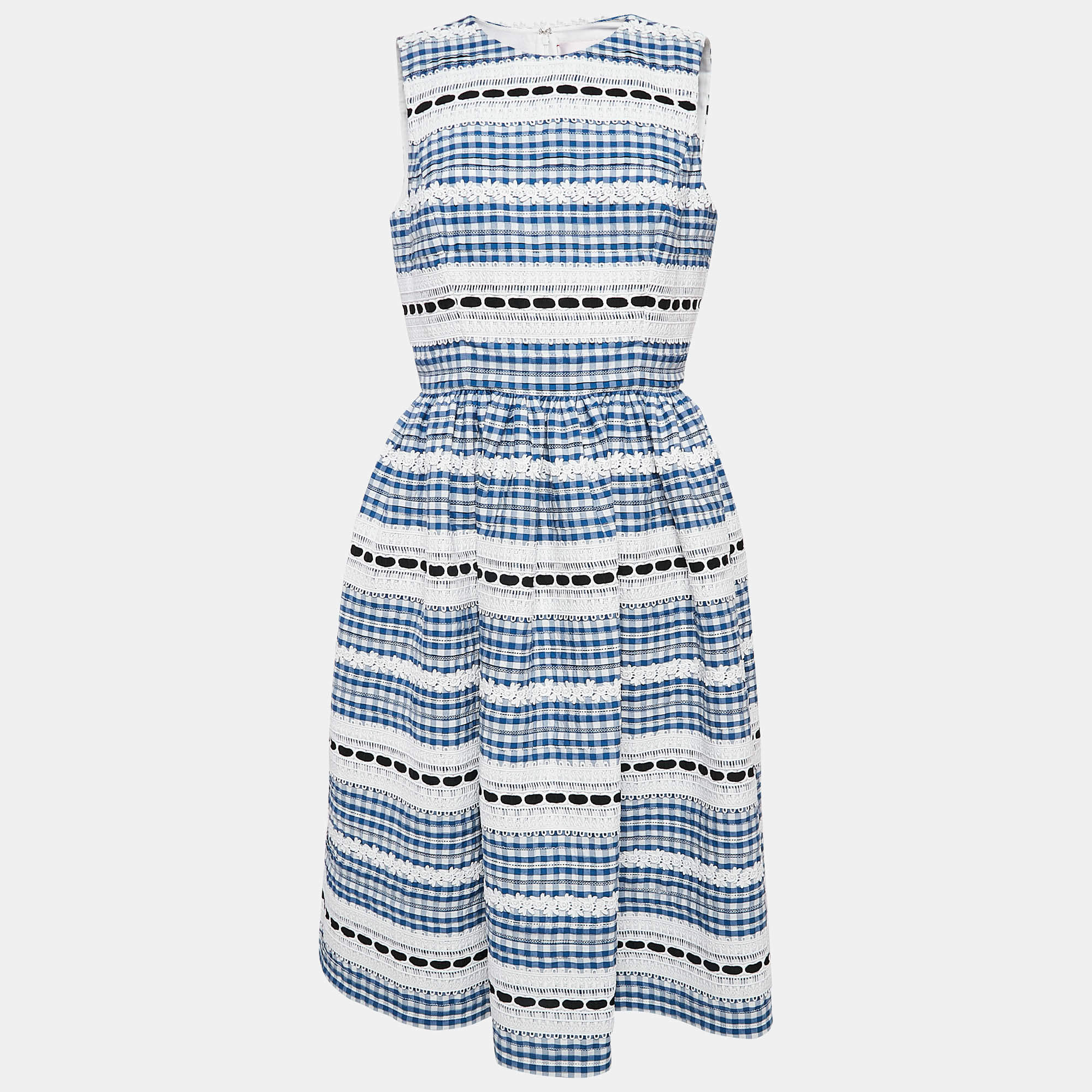 Carolina Herrera Blue Lace Trim Checked Cotton Midi Dress L