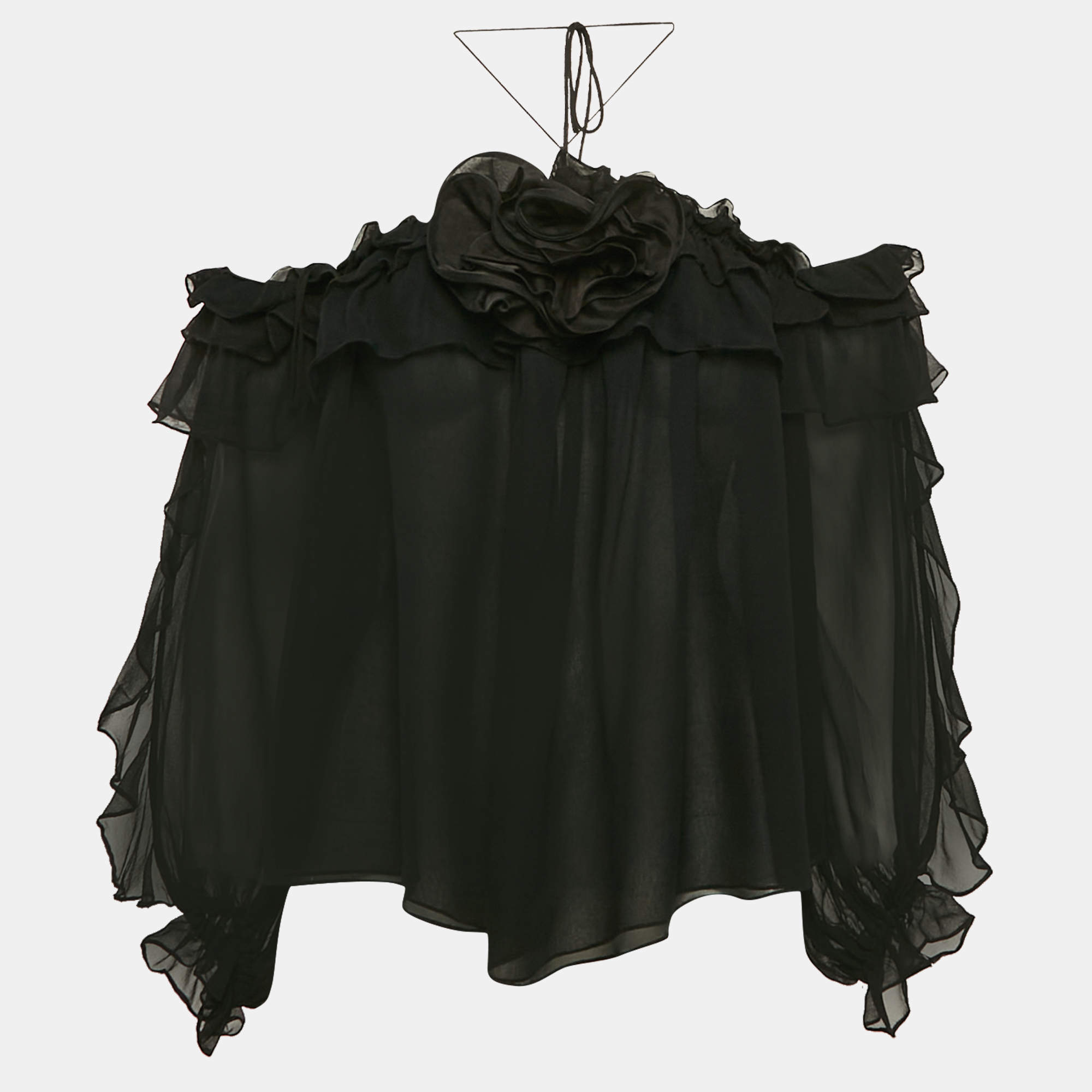 Carolina Herrera Black Silk Floral Detail Off-Shoulder Top M