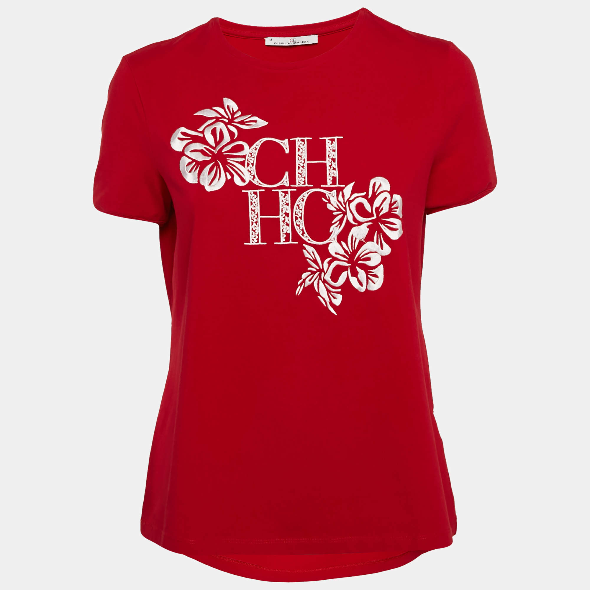 Pre Owned CH Carolina Herrera Red Cotton Floral Logo Embroidery T-Shirt M