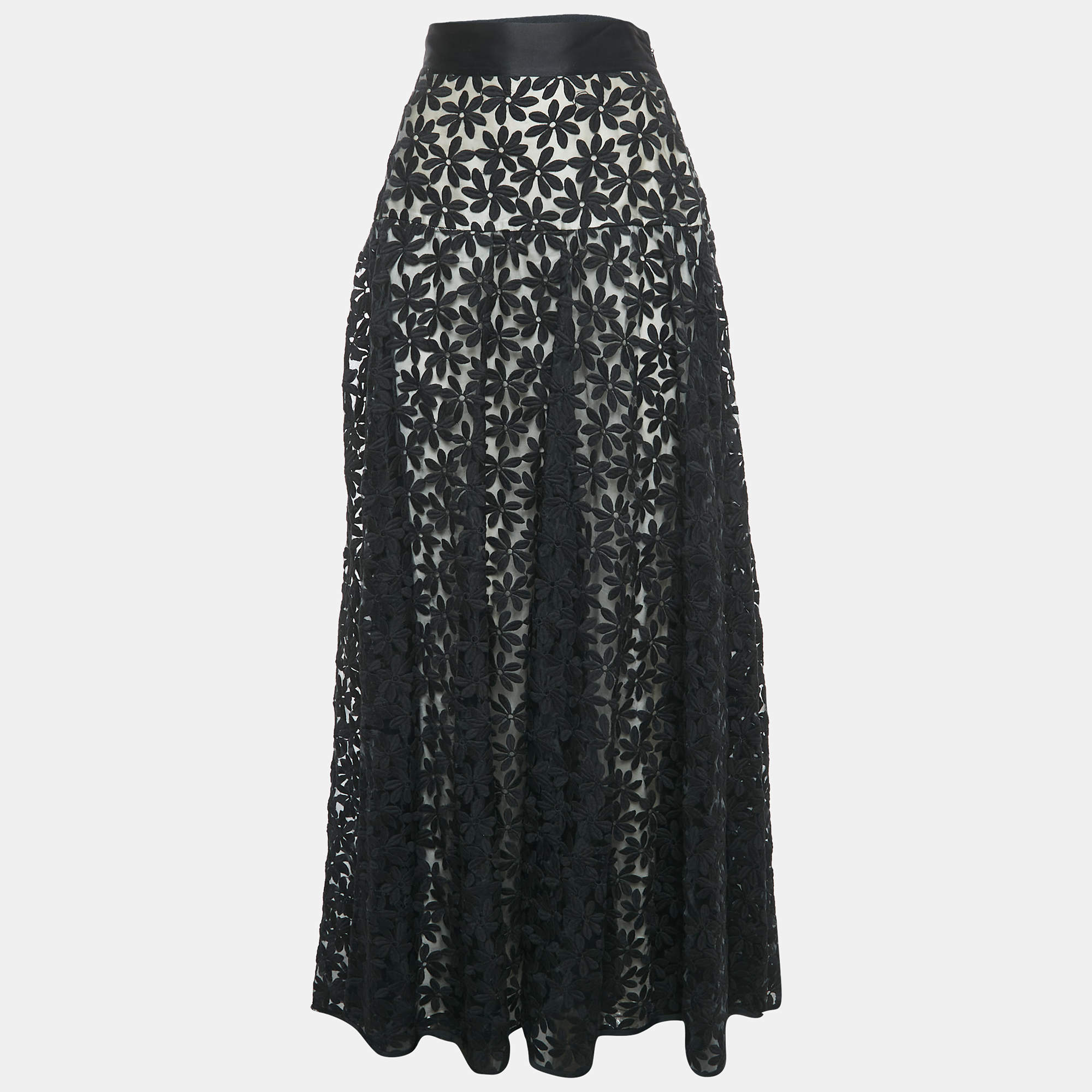 Pre Owned Carolina Herrera Black Floral Lace Raw Edge Maxi Skirt M