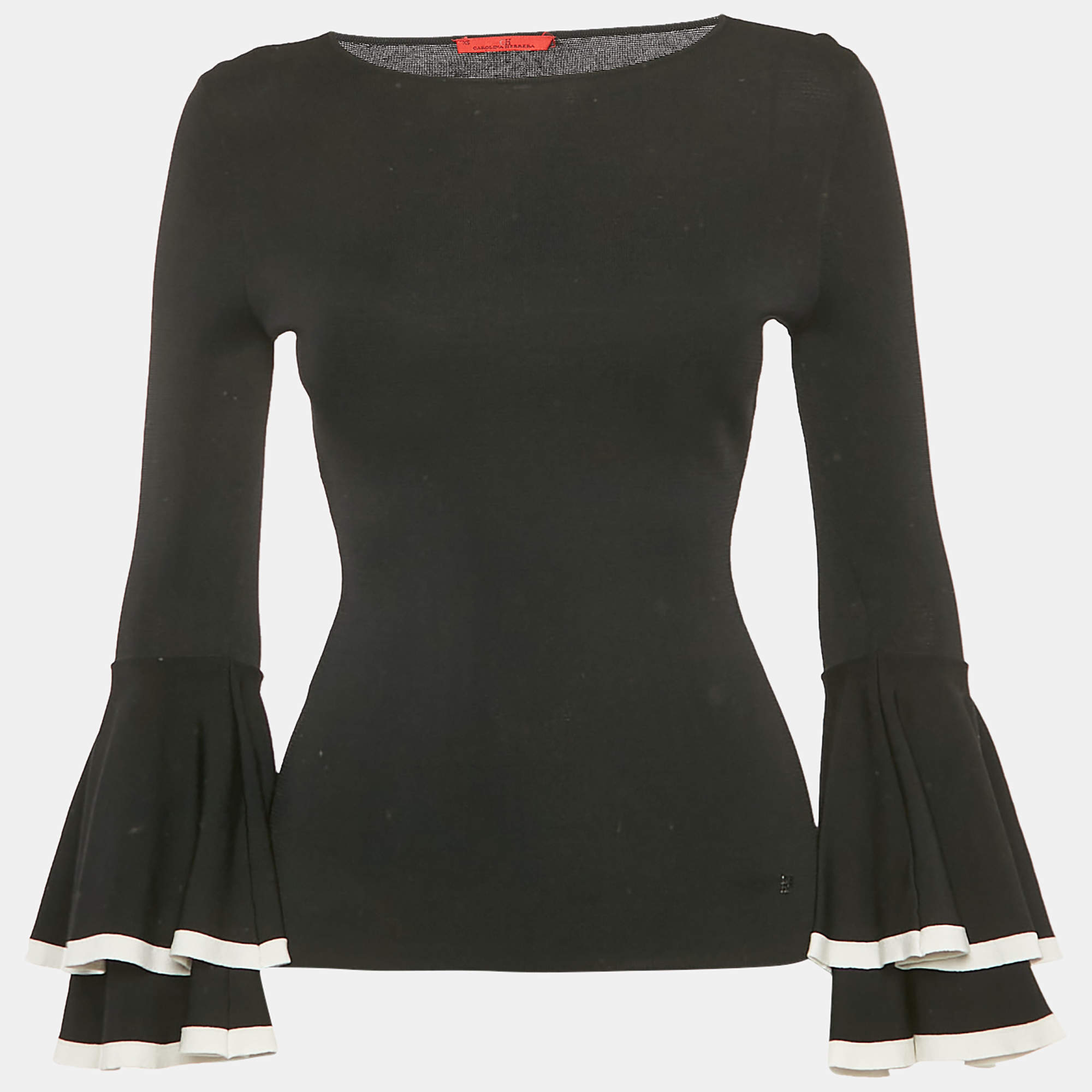 Carolina Herrera Black Stretch Knit Bell Sleeve Top XS