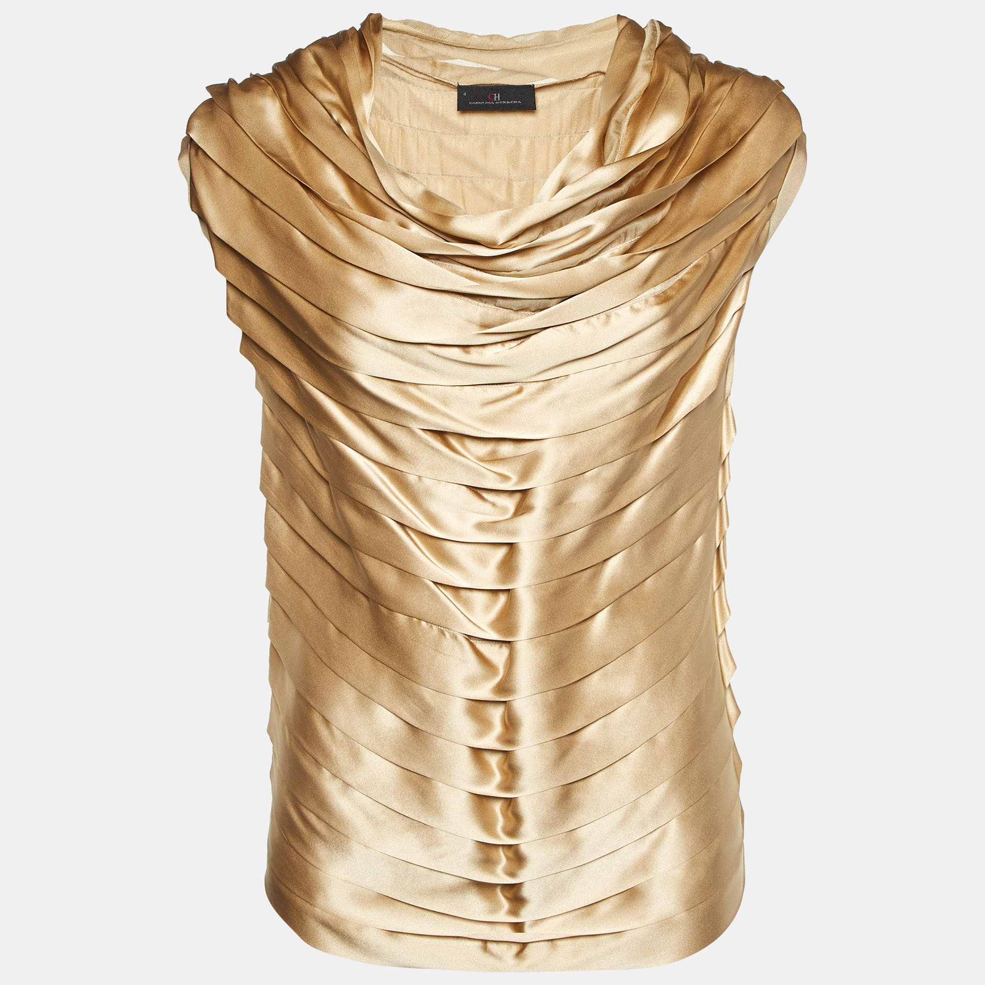 CH Carolina Herrera Gold Silk Satin Pleated Top S