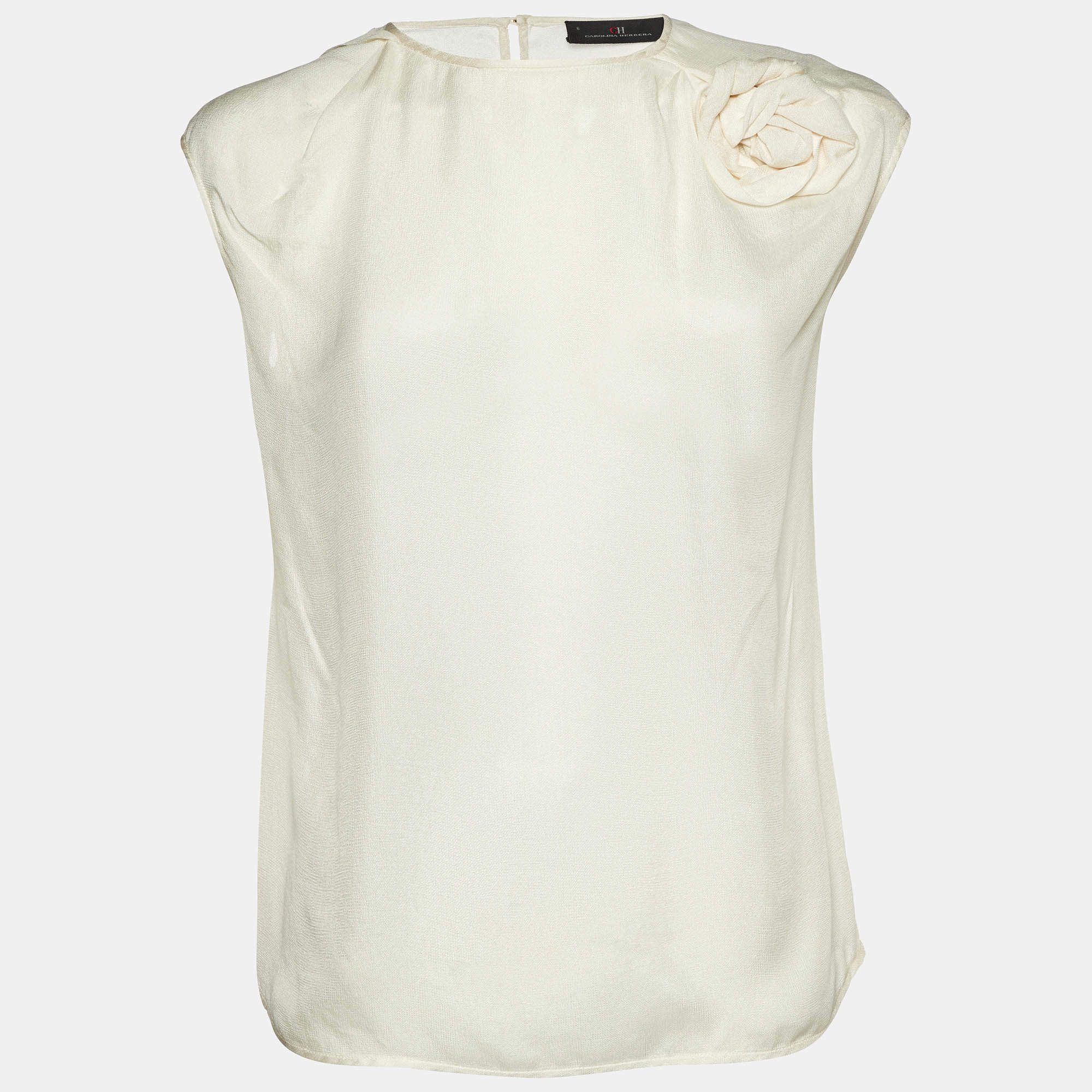 Carolina Herrera Off-White Silk Rose Embellish Detail Sleeveless Top M