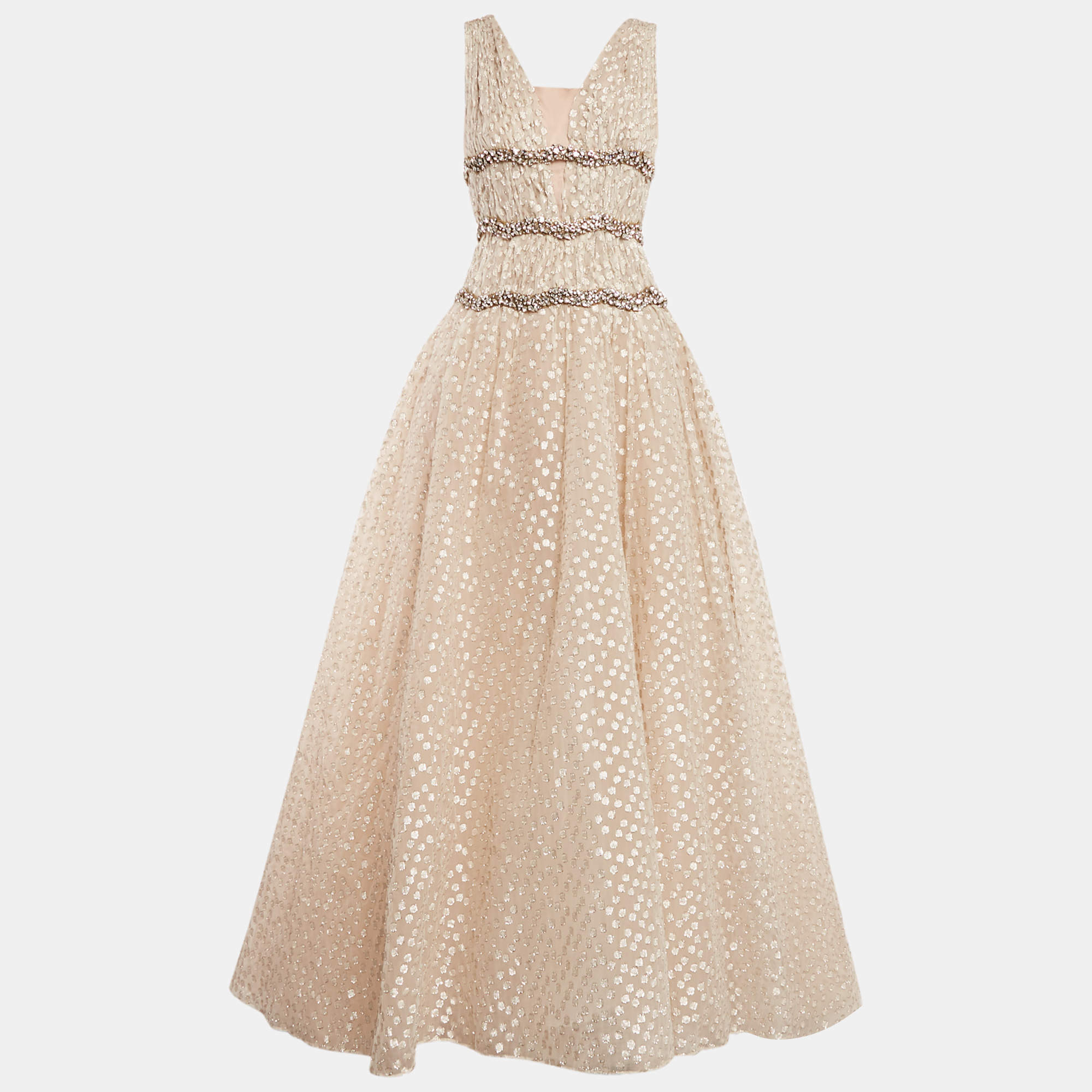 Carolina Herrera Beige Fil Coupe Jacquard Crystal Embellished Gown M