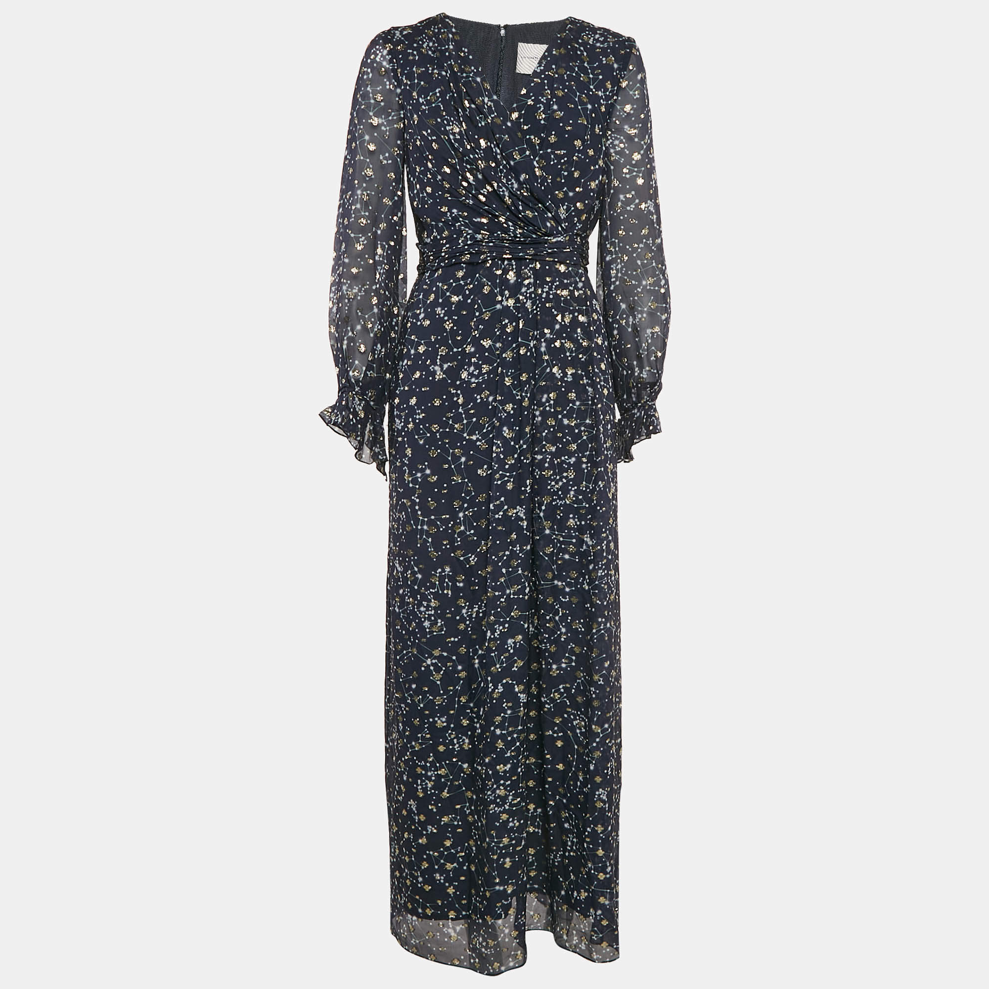 Carolina Herrera Navy Blue Printed Lurex Silk Maxi Dress M