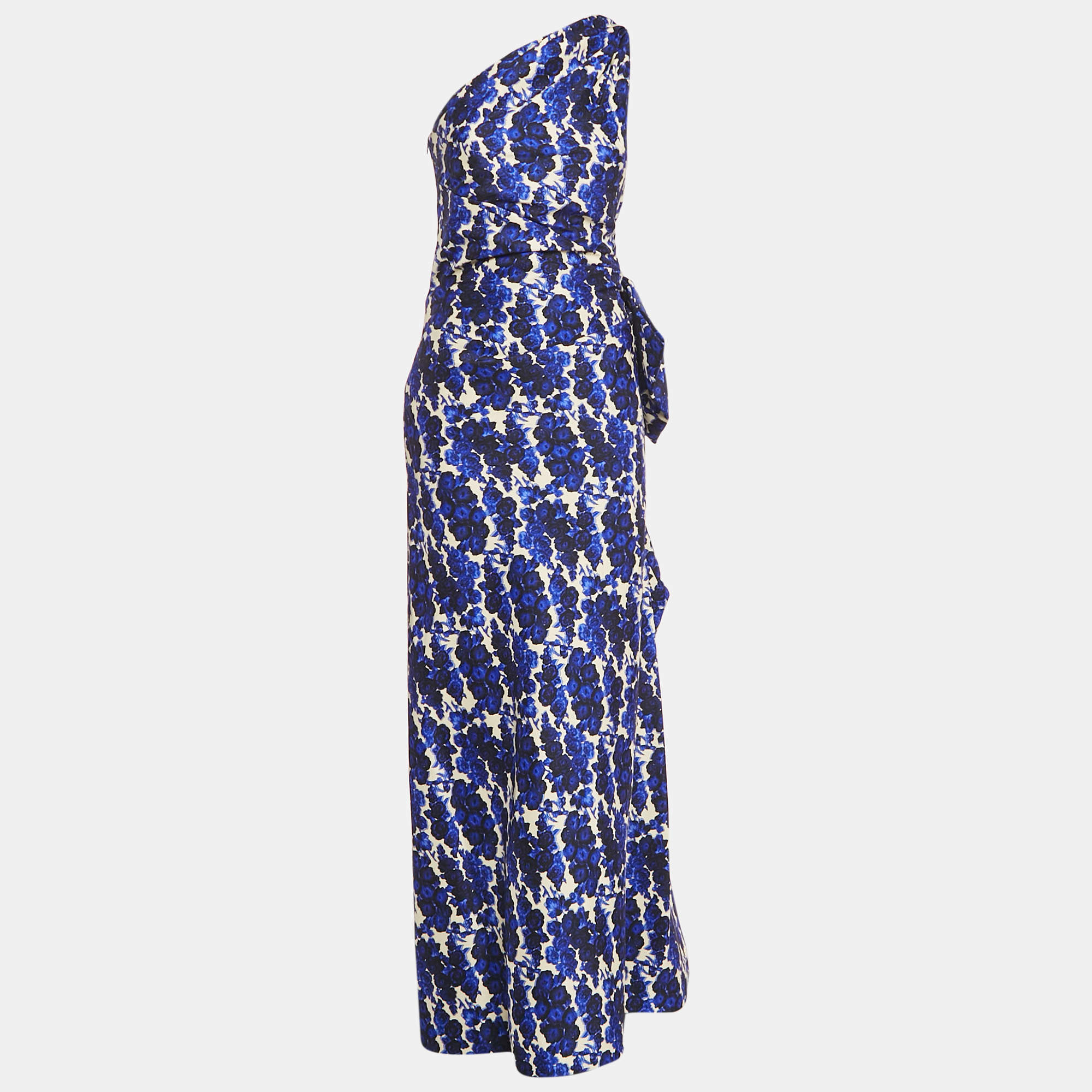 Pre Owned Carolina Herrera Blue Rose Print Cotton Blend One Shoulder Maxi Dress L