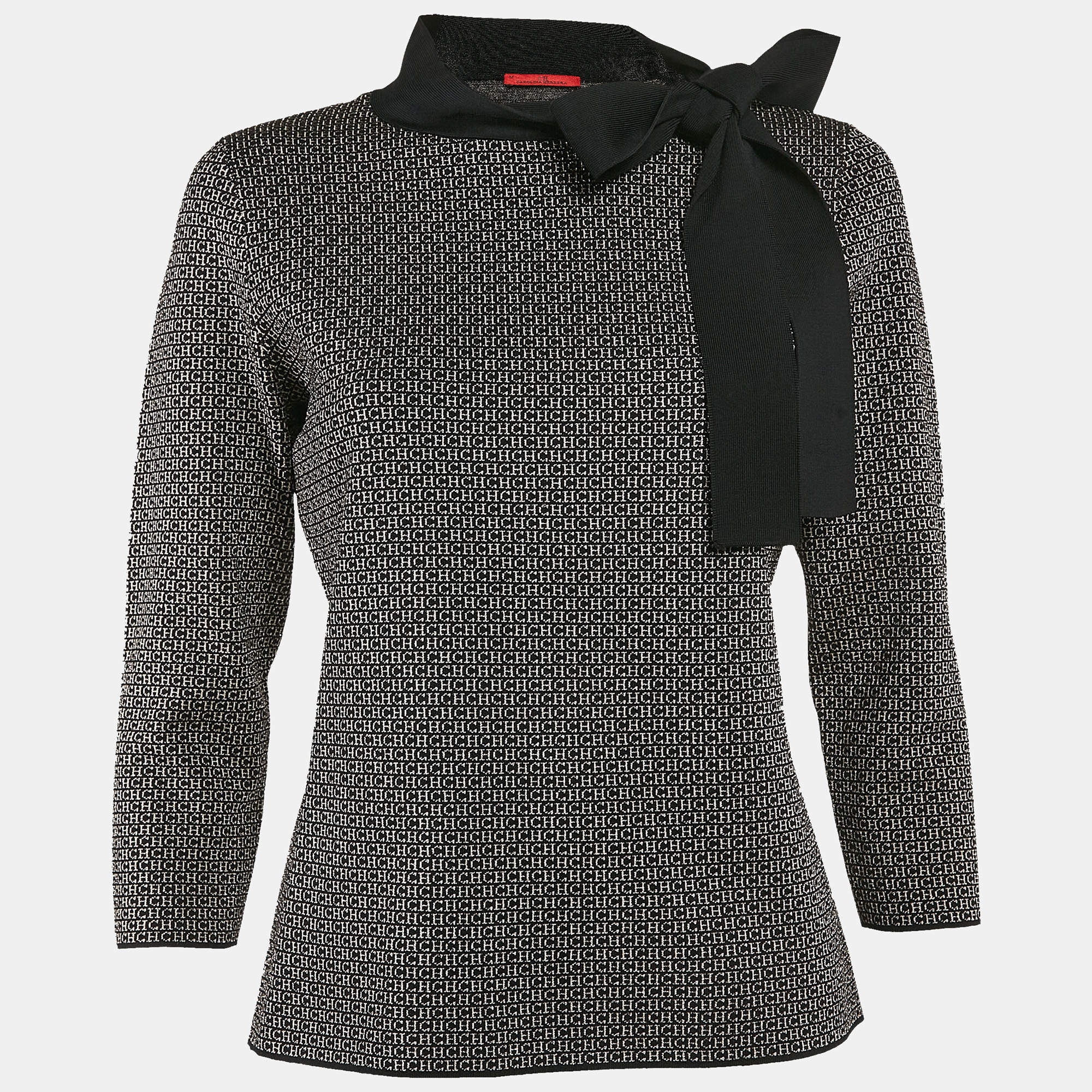 Pre Owned Carolina Herrera Black Logo Jacquard Lurex Knit Sweater M