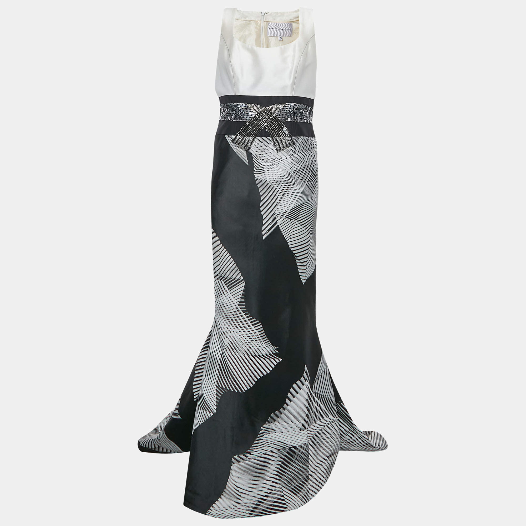 Carolina Herrera White & Black Silk Jacquard Embellished Detail Sleeveless Mermaid Gown L