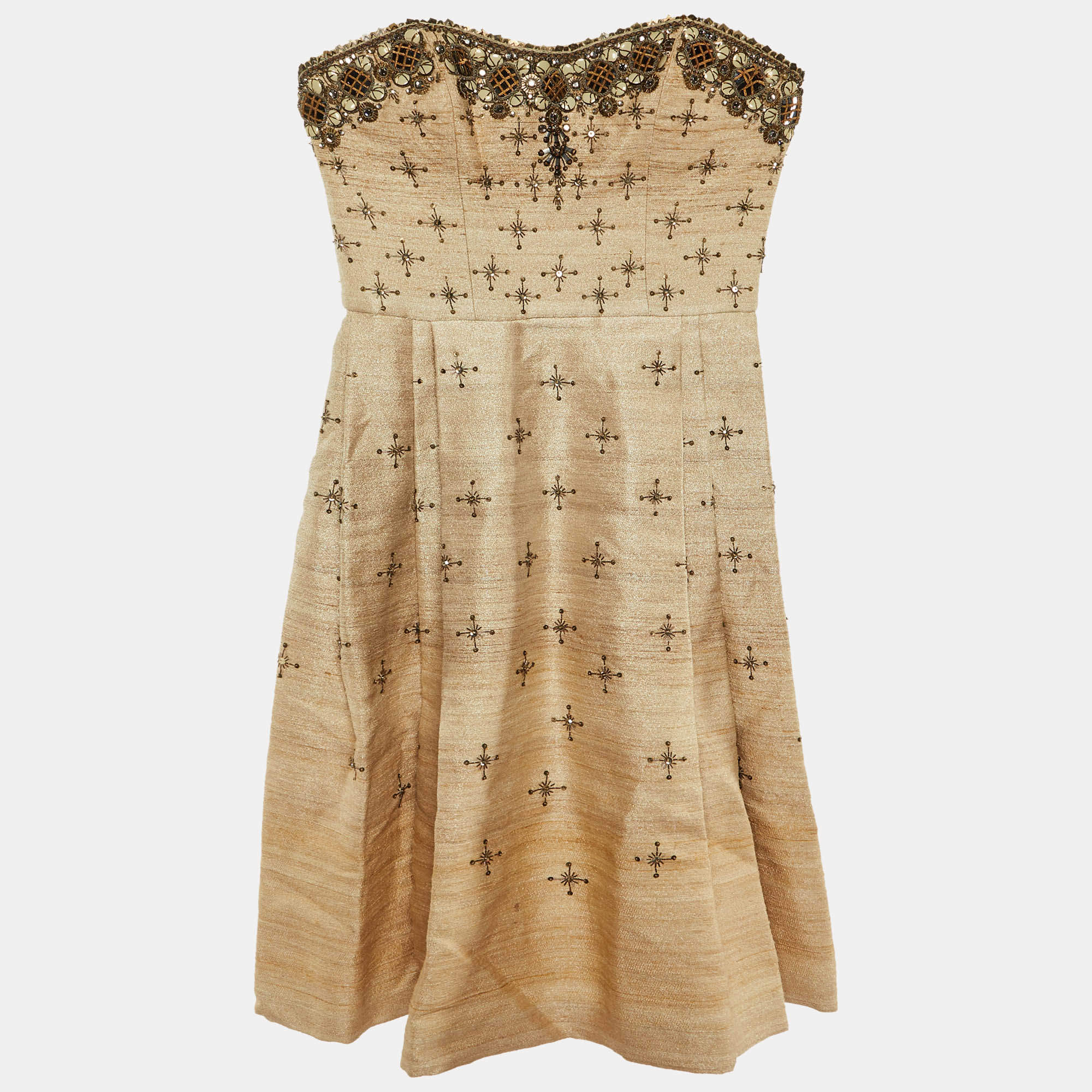 Carolina Herrera Beige Ombre Raw Silk Embellished Strapless Dress M