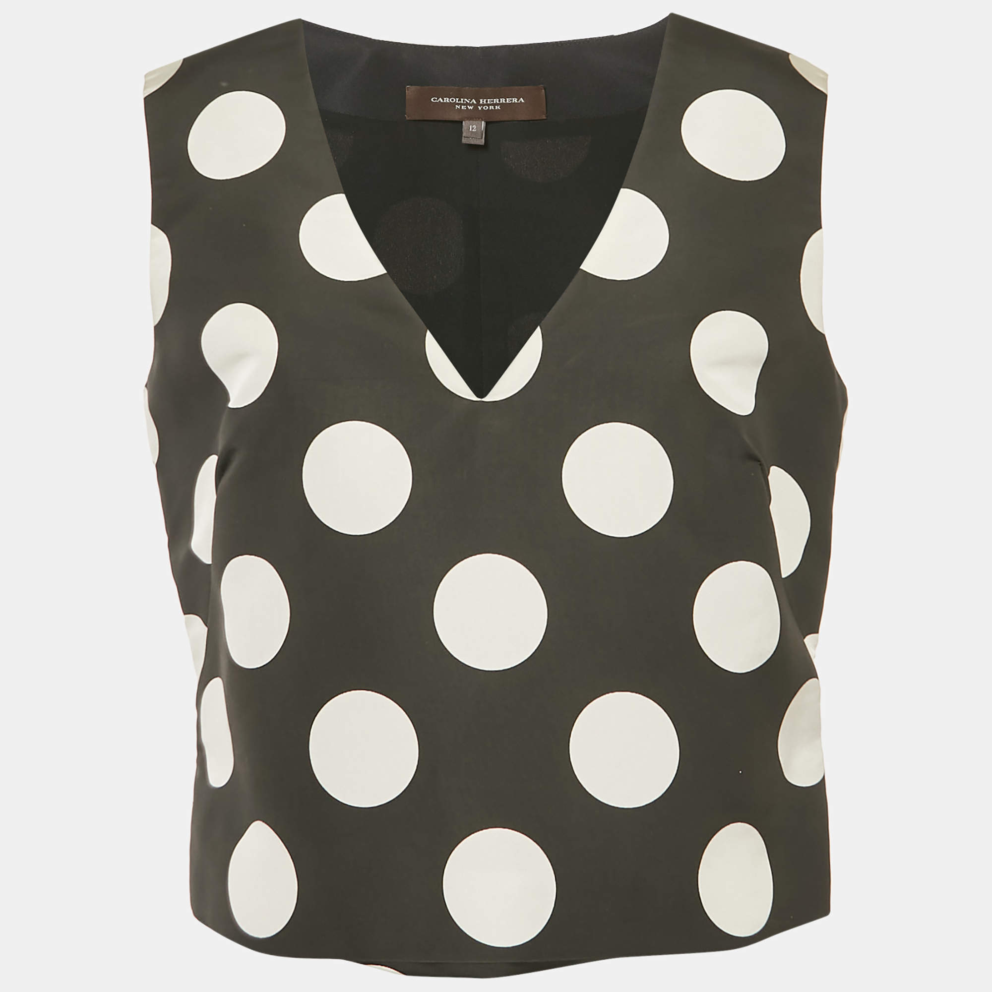 Carolina Herrera Black Polka Dots Print Silk V-Neck Top L