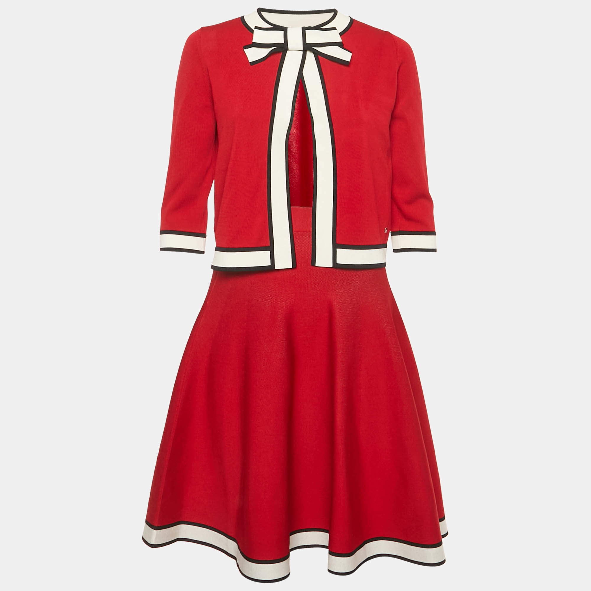 Pre Owned Carolina Herrera Red Knit Stripe Detail Cardigan & Mini Skirt M