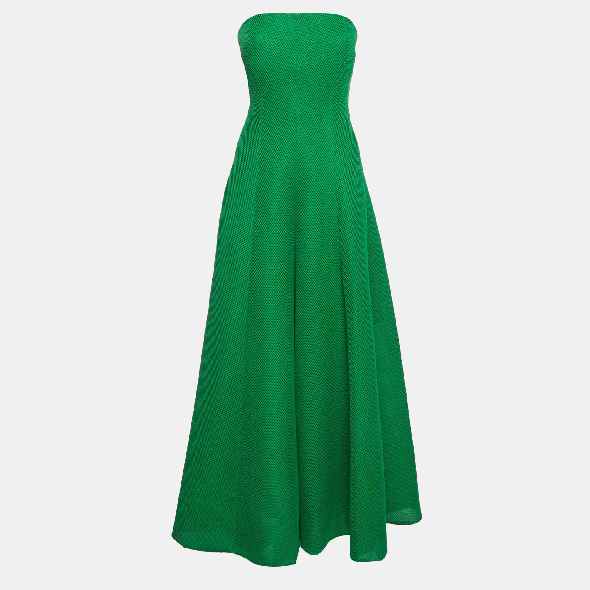 Pre Owned CH Carolina Herrera Green Mesh Flared Strapless Gown L