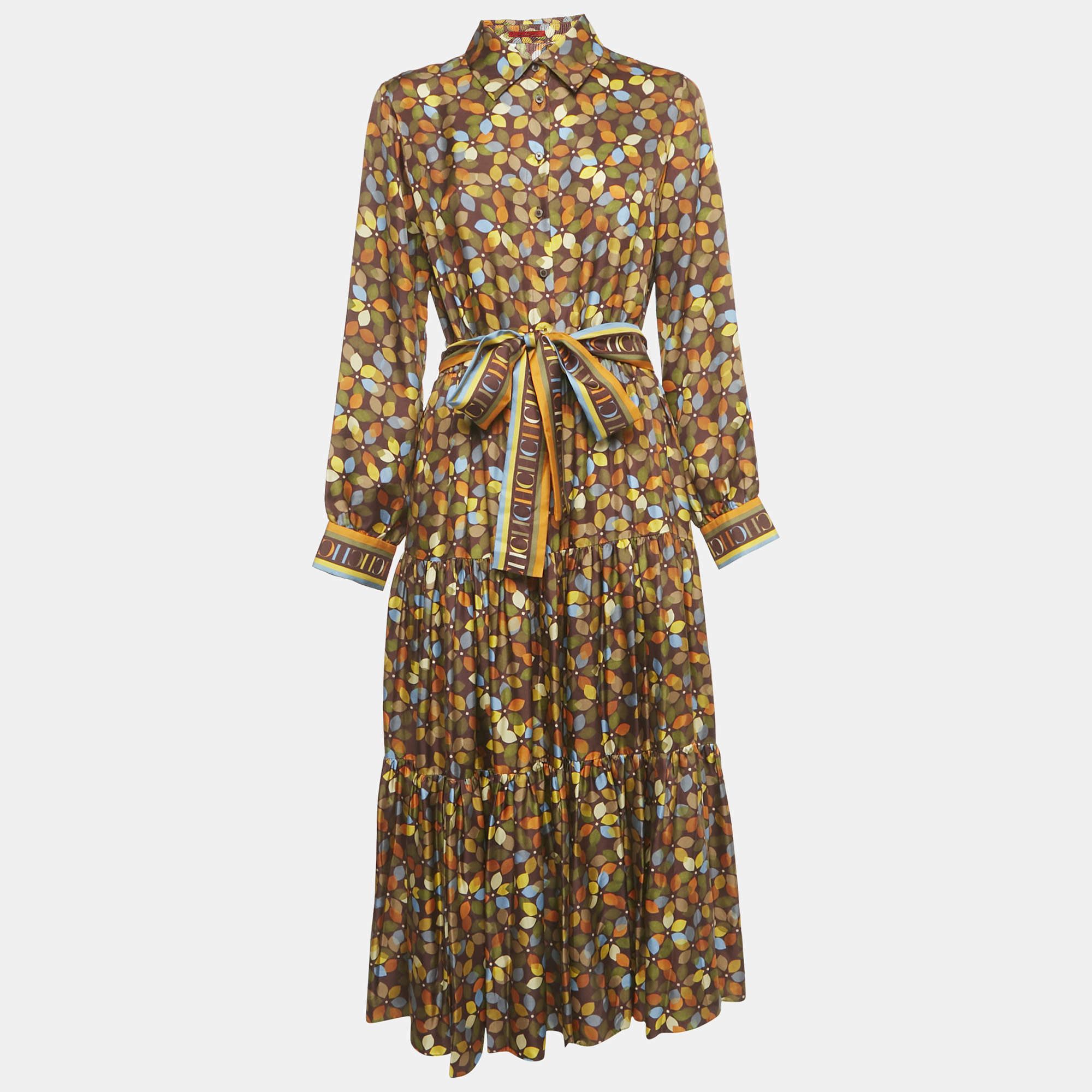 Pre Owned Carolina Herrera Brown Printed Silk Belted Maxi Dress M