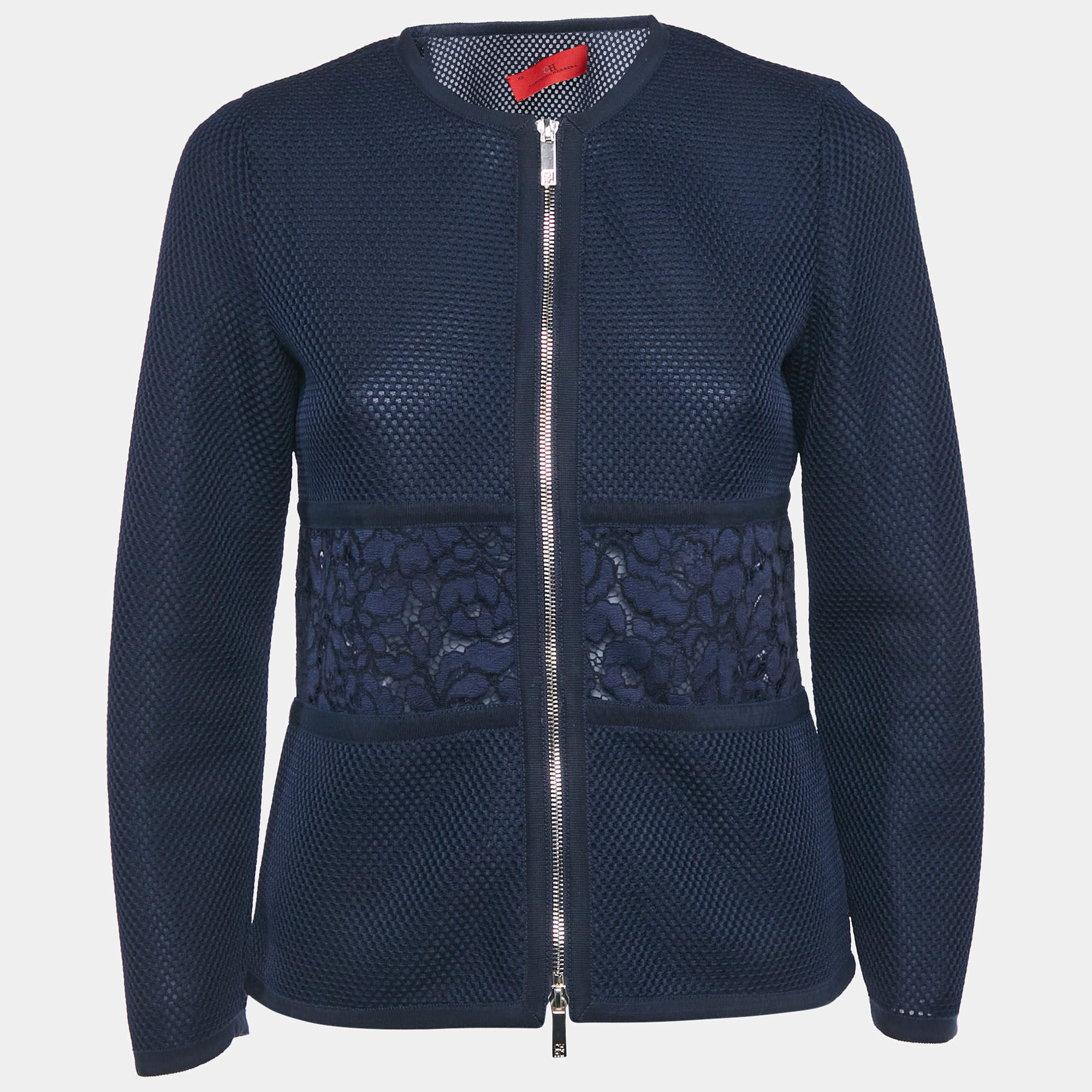 Pre Owned Carolina Herrera Navy Blue Mesh Lace Paneled Zip-Up Jacket XS