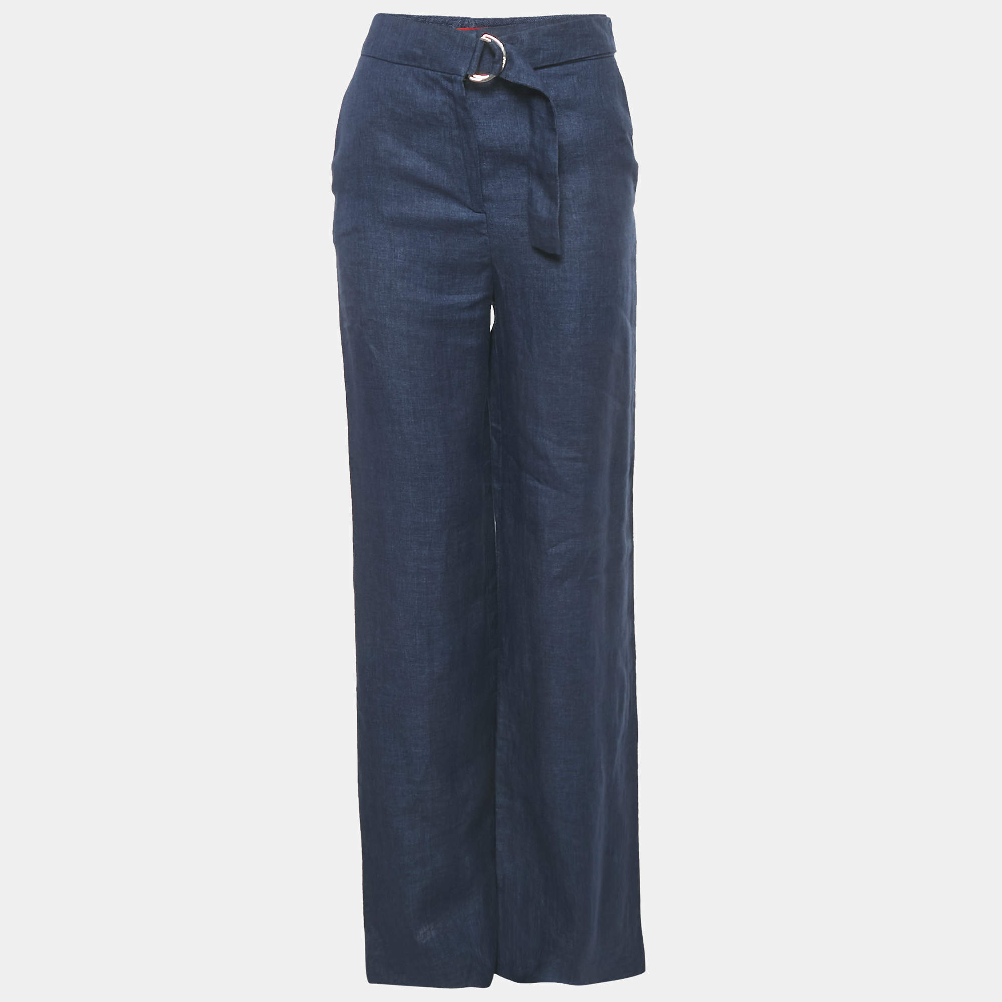 Pre Owned بنطلون كارولينا هيريرا حزام لينين أزرق مقاس صغير جدًا (إكس سمول)