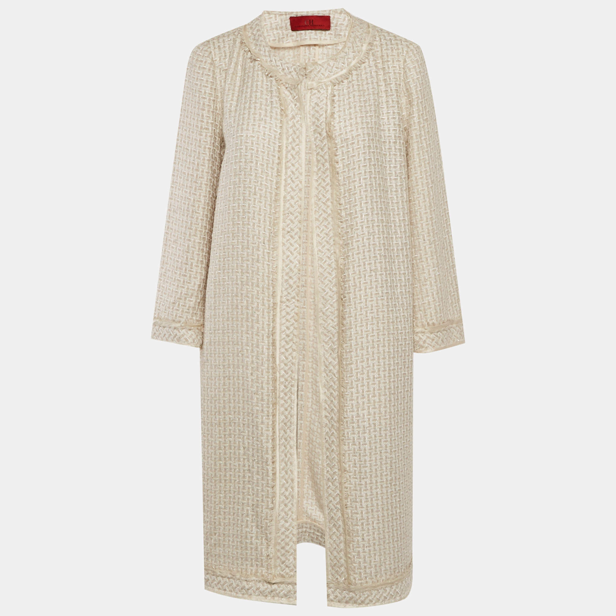 Pre Owned معطف كارولينا هيريرا بياج تويد مفتوح من الأمام مقاس كبير (لارج)