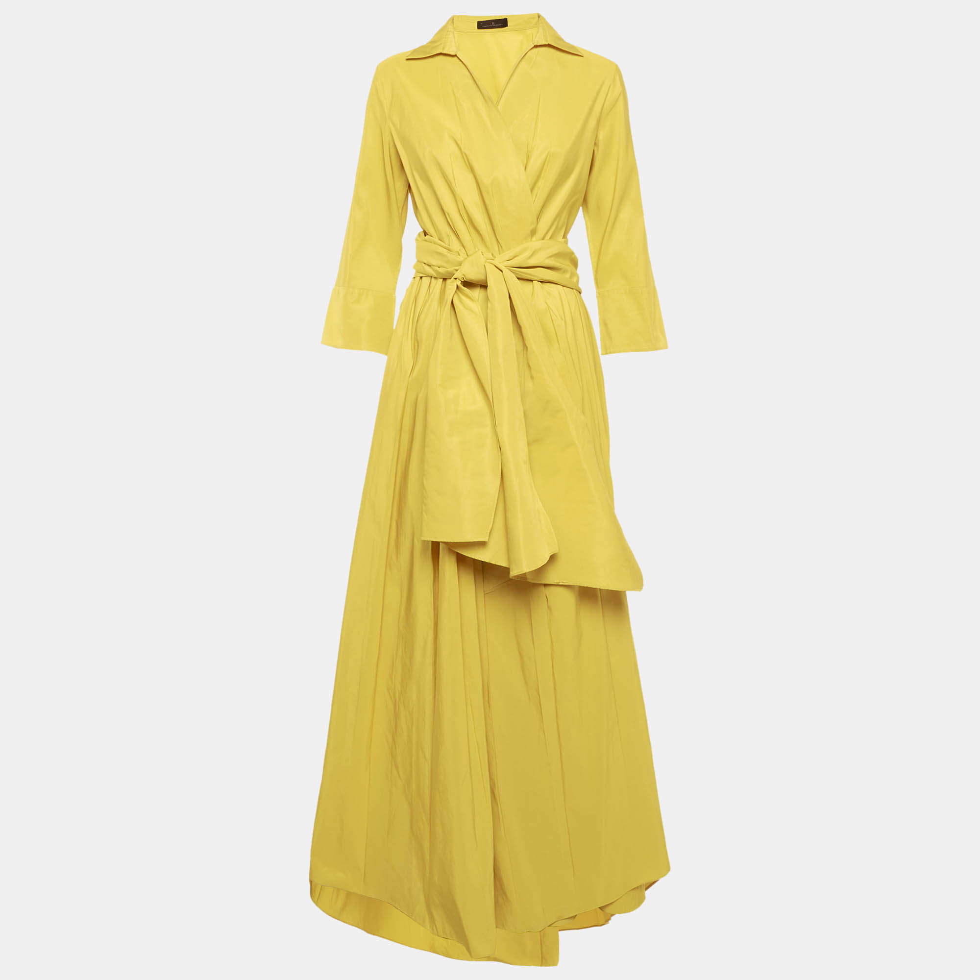Pre Owned CH Carolina Herrera Yellow Synthetic Pleated Maxi Wrap Dress L