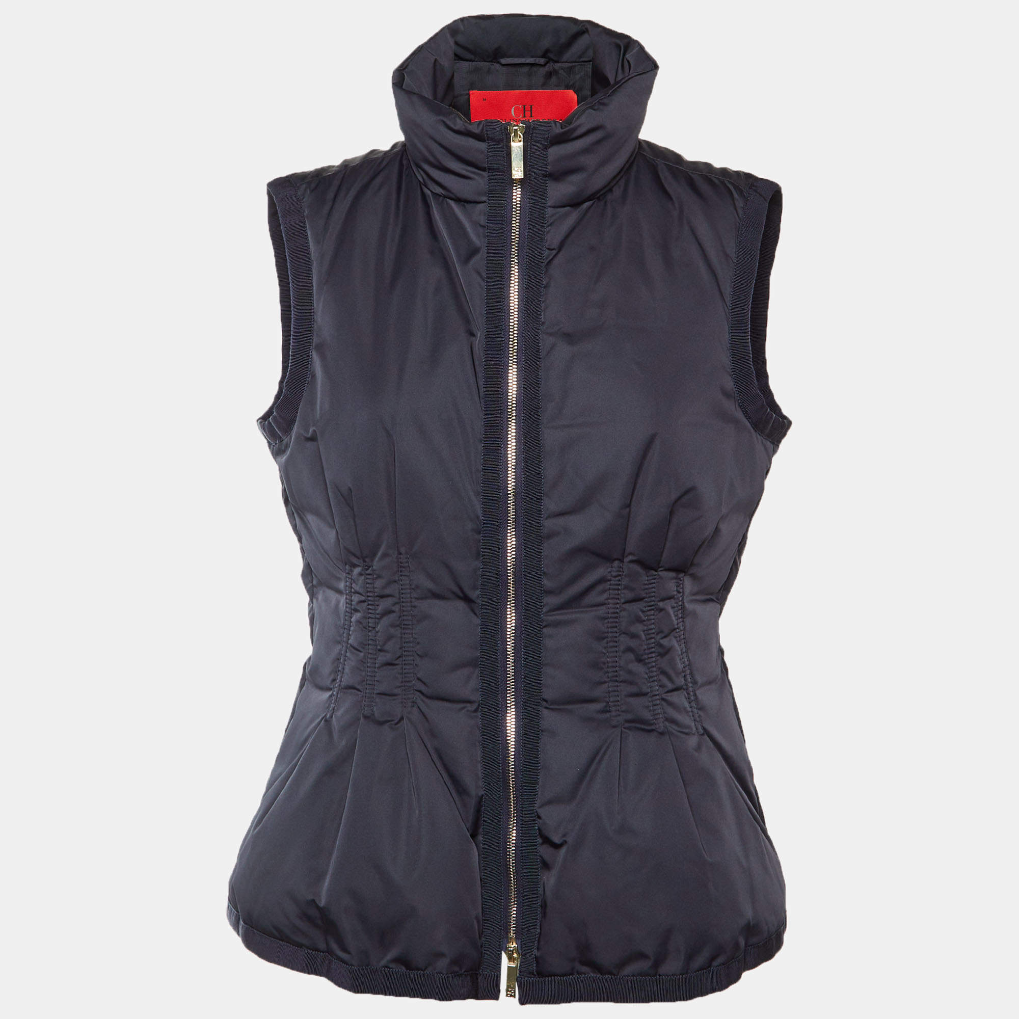 Pre Owned سترة سي إتش كارولينا هيريرا بلا أكمام زرقاء داكنة صناعية بسحاب أمامي مقاس متوسط