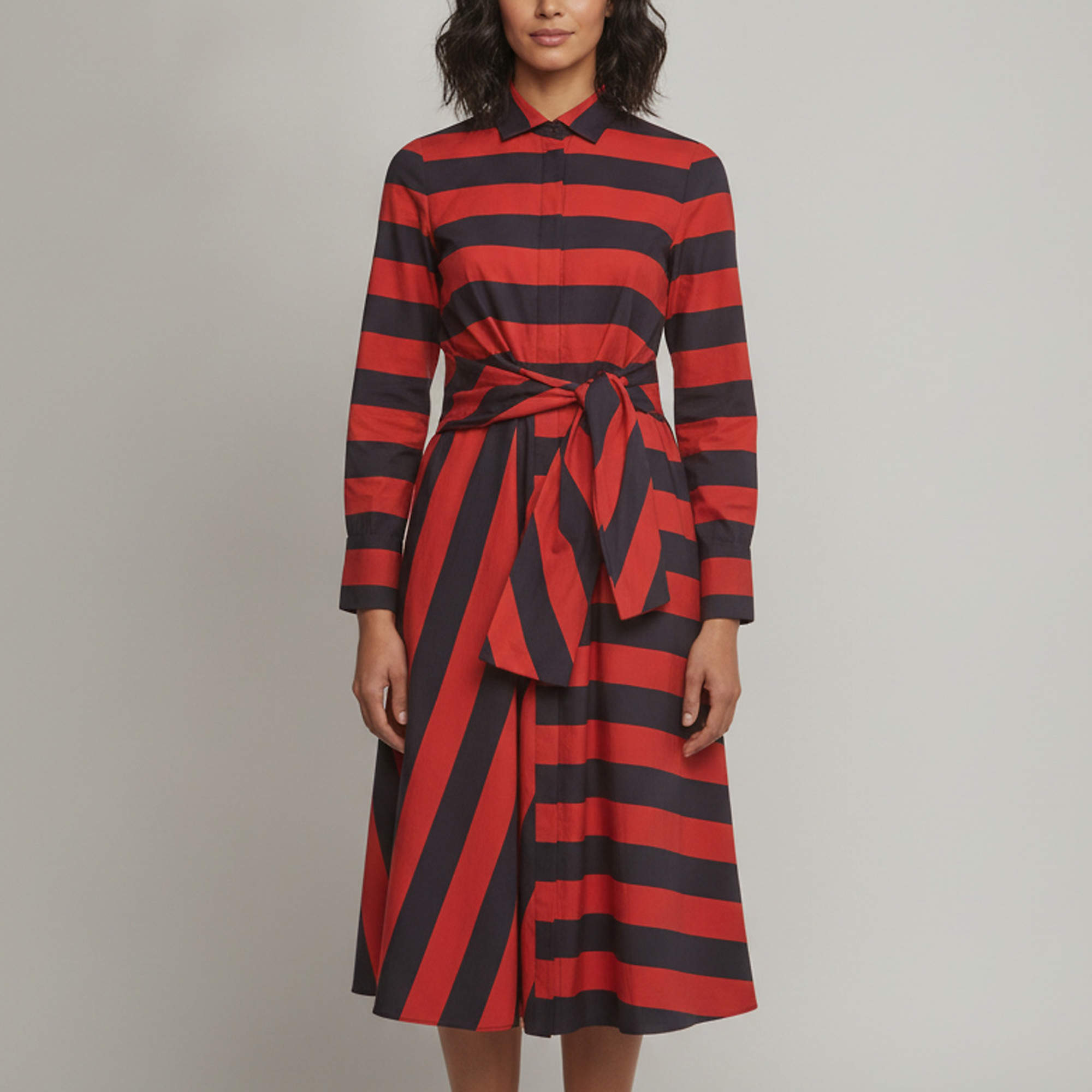 Pre Owned Carolina Herrera Navy Blue /Red Striped Cotton Tie Belt Detail Midi Dress S