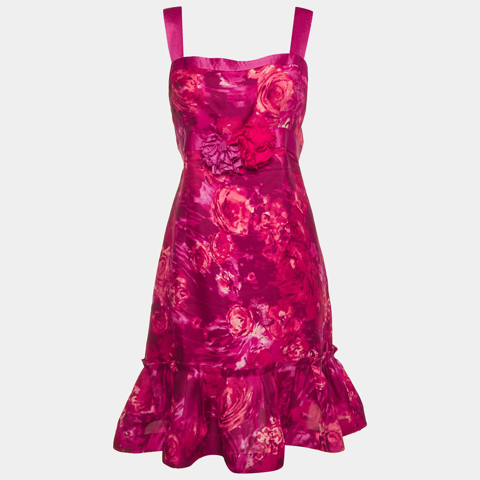 Pre Owned Carolina Herrera Pink Floral Print Gauze Ruffle Detail Midi Dress XL 