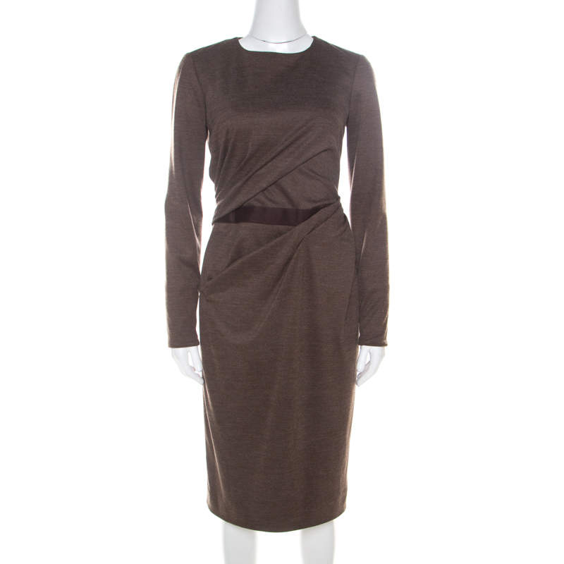 Pre Owned Carolina Herrera Brown Wool Asymmetric Draped Fitted Dress S 