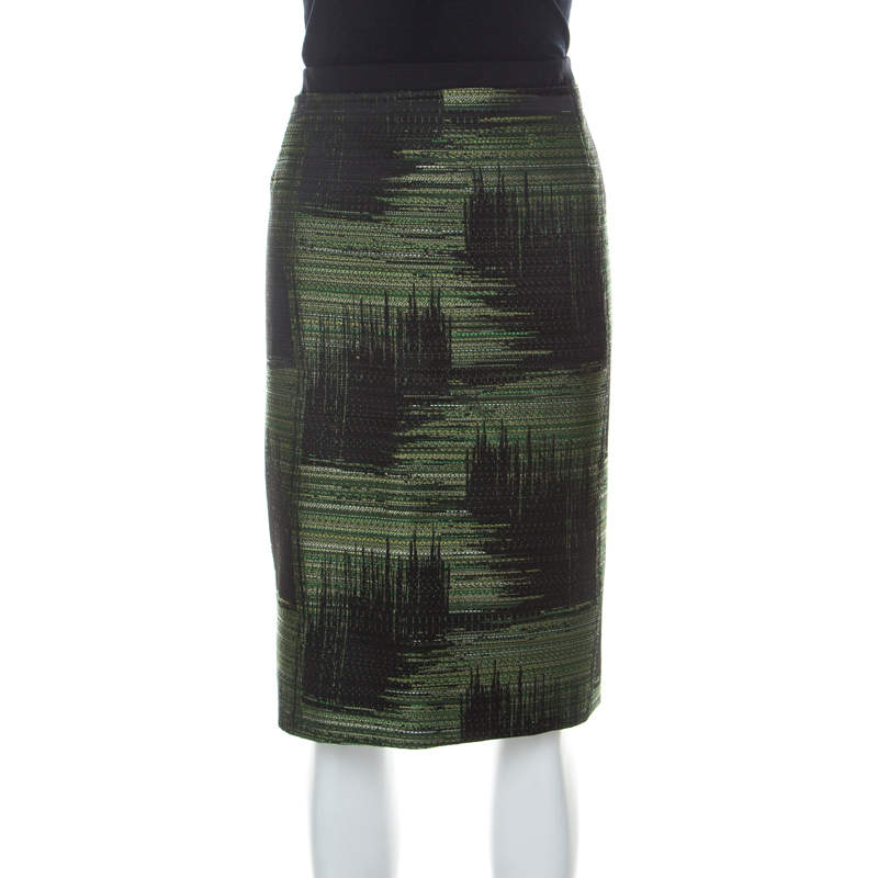 Pre Owned Carolina Herrera Green and Black Jacquard Skirt XL