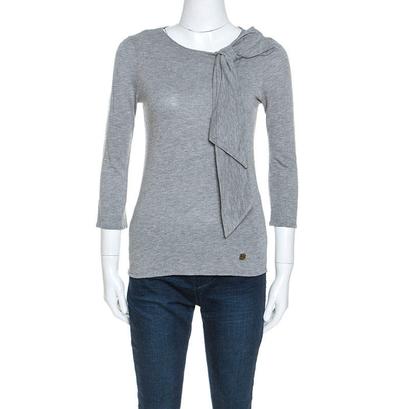 Carolina Herrera Grey Wool Blend Jersey Bow Detail Top XS
