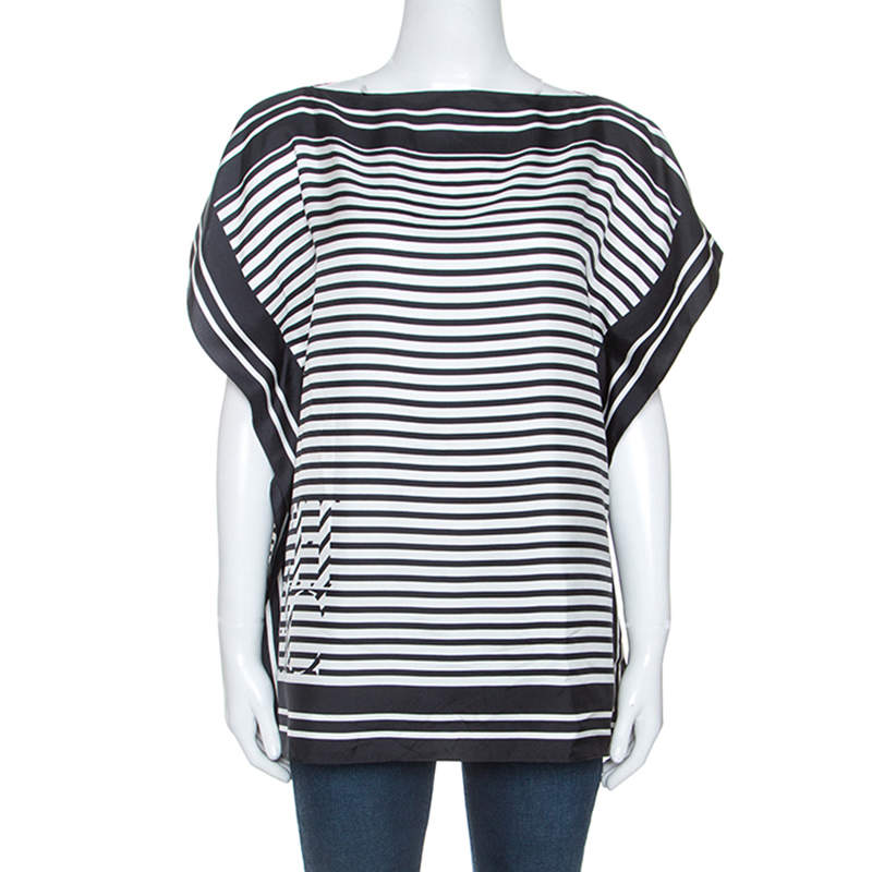 Pre Owned Carolina Herrera Monochrome Striped Silk Kaftan Top XS