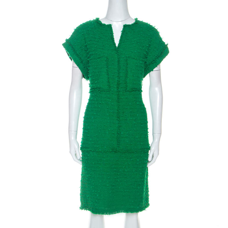 Pre Owned CH Carolina Herrera Green Boucle Knit Drop Waist Dress M