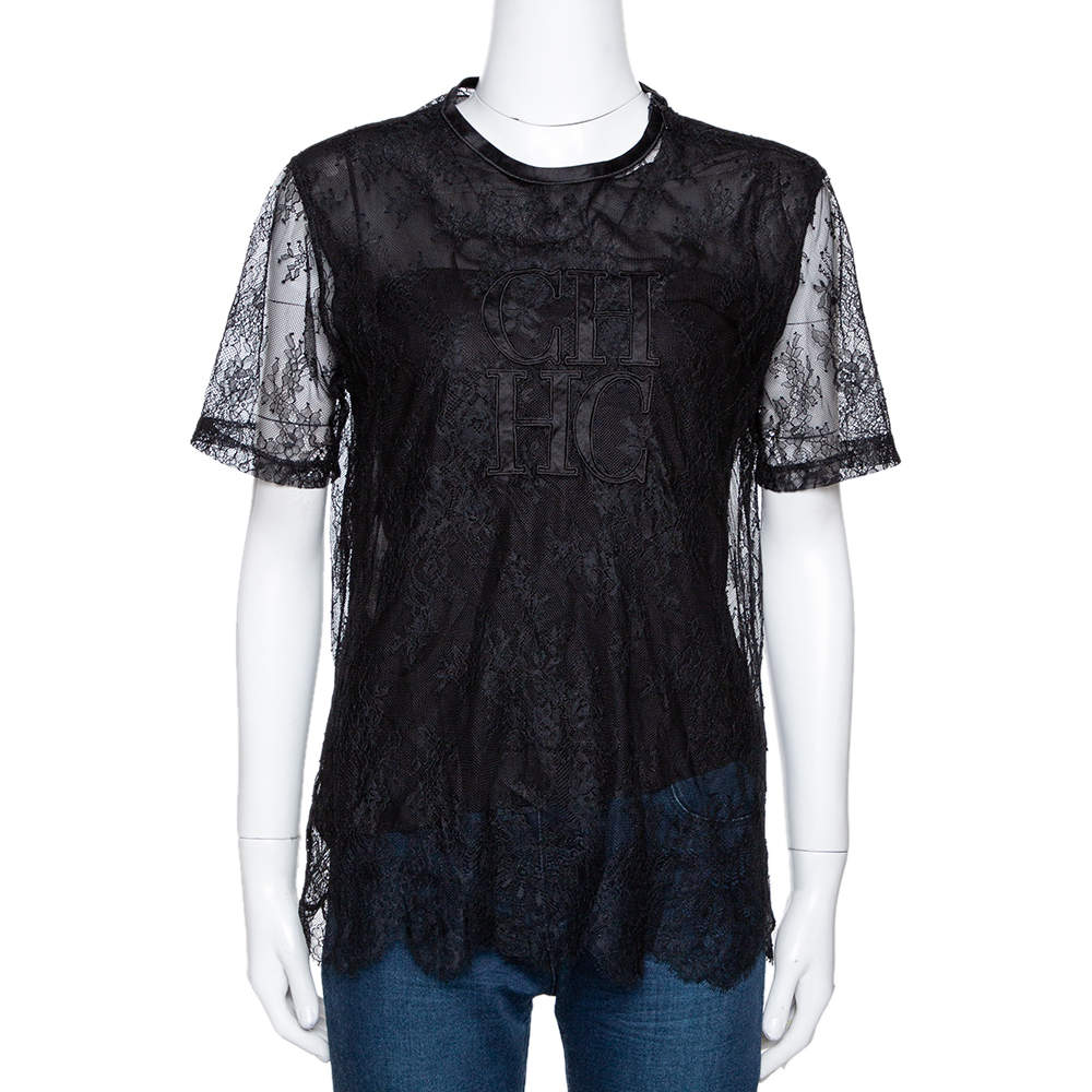 Pre Owned CH Carolina Herrera Black Lace Logo Applique Crew Neck Short Sleeve Top XS