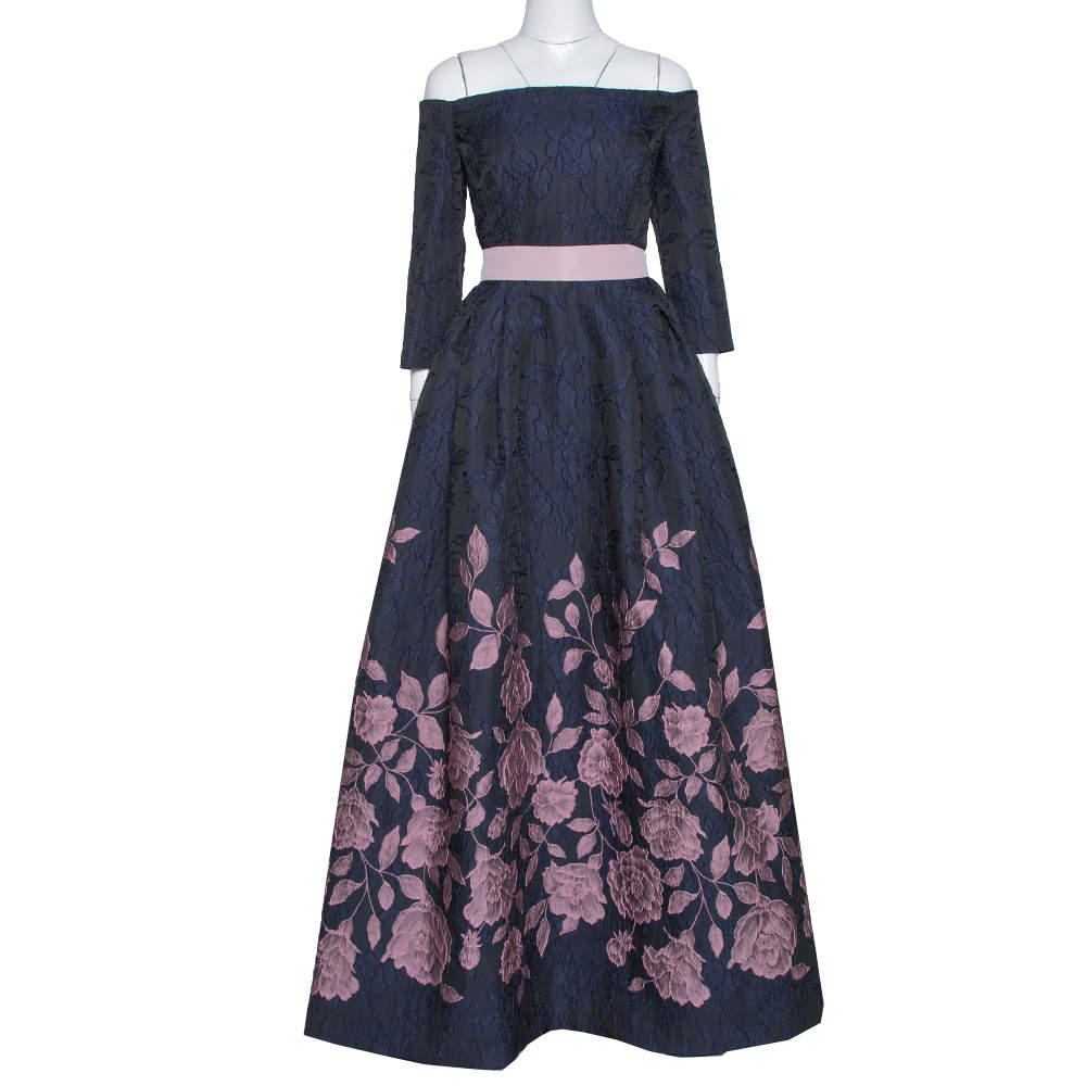 Pre Owned فستان كارولينا هيريرا جاكار أزرق كحلي أكتاف مكشوفة مقاس كبير - لارج