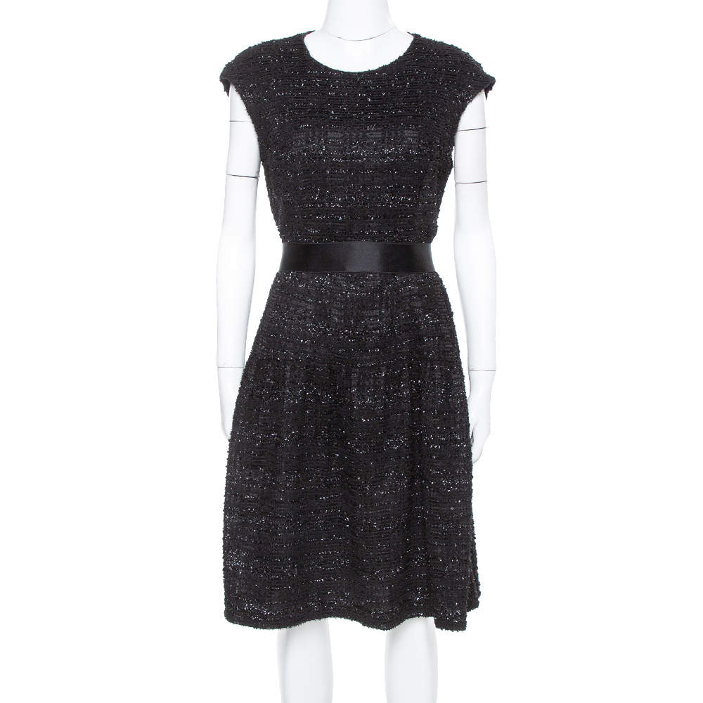 Pre Owned Carolina Herrera Black Sequin & Tinsel Accented Midi Dress L