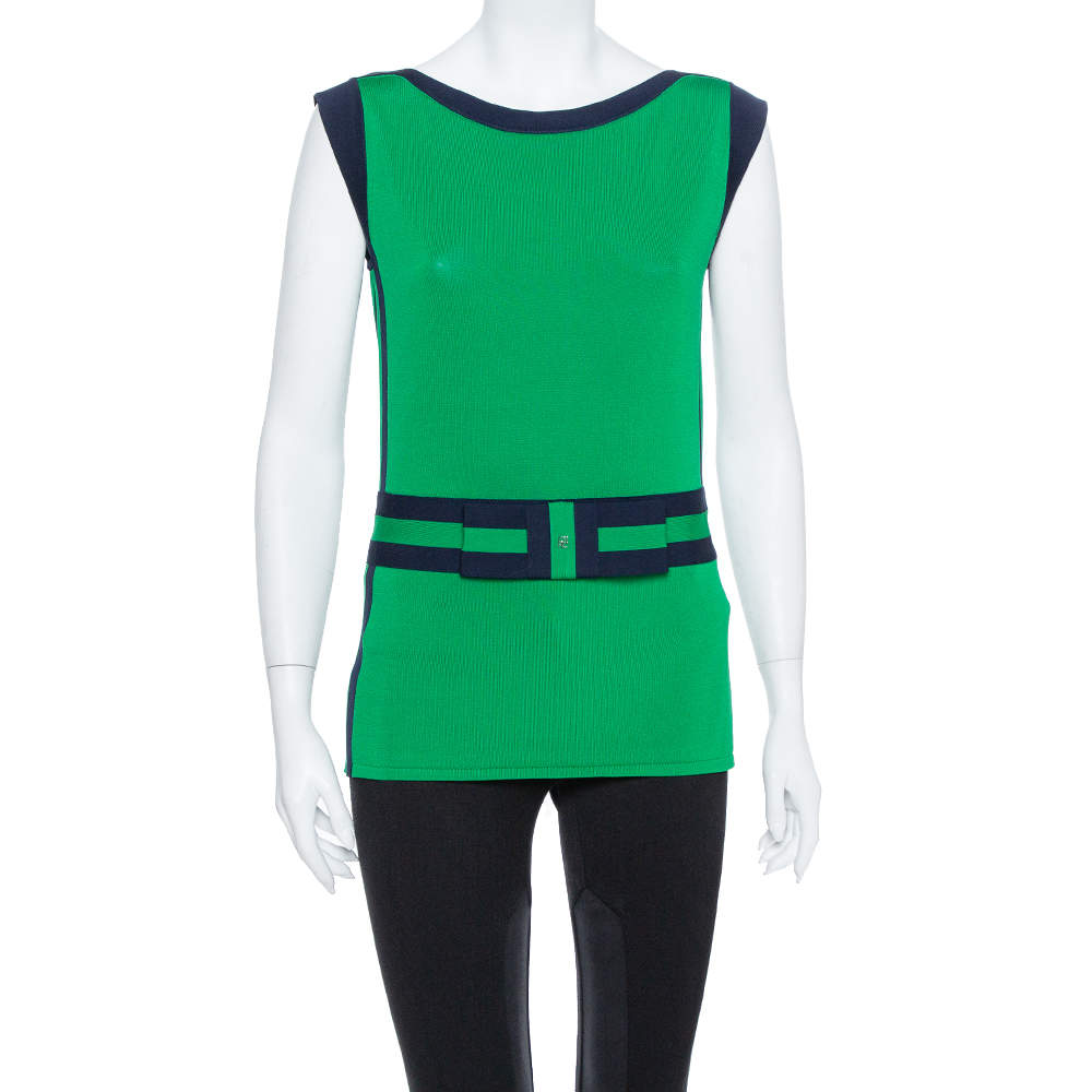 Pre Owned CH Carolina Herrera Green Knit Contrast Trim Bow Detail Sleeveless Top M
