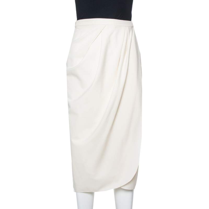 Pre Owned Carolina Herrera Cream Wool & Silk Draped Midi Skirt M