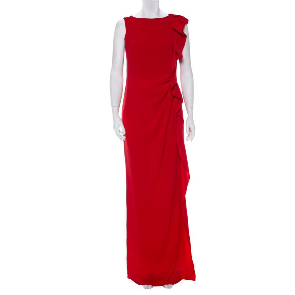 Pre Owned CH Carolina Herrera Red Crepe Ruffled Detail Sleeveless Maxi Dress M