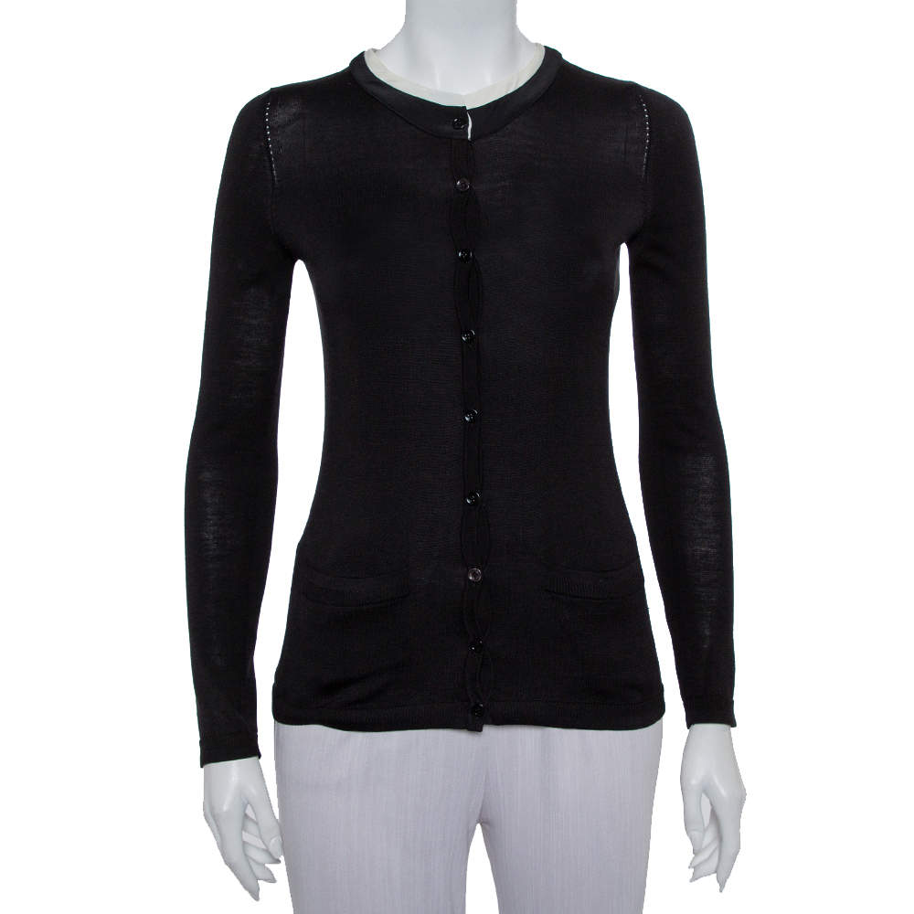 Pre Owned Carolina Herrera Black Knit Contrast Neck Detail Button Front Cardigan XS