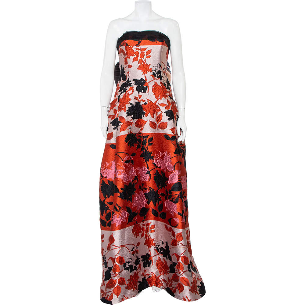 Carolina Herrera Multicolor Floral Jacquard Strapless Gown L