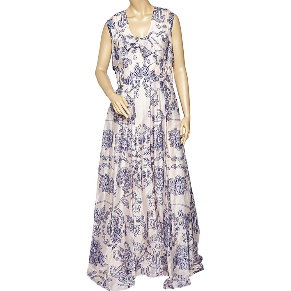 Pre Owned Carolina Herrera Light Pink Floral Fil Coupe Pleated Bow Detail Gown XL