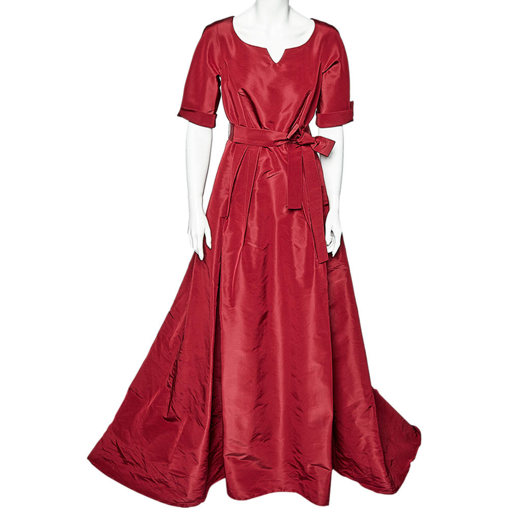 Pre Owned Carolina Herrera Burgundy Silk Taffeta Pleated Detail Belted Gown L