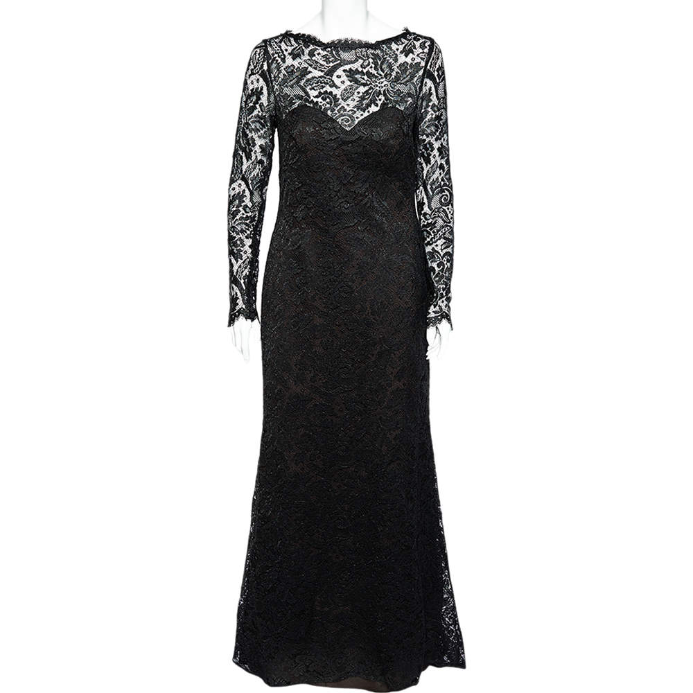 Carolina Herrera Black Lace Trail Detail Long Sleeve Gown L