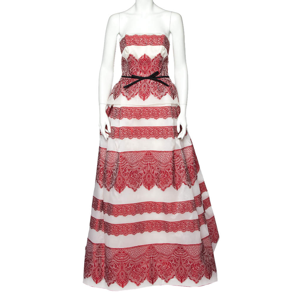 Pre Owned Carolina Herrera Red Striped Lace Embroidered Organza Bow Detail Strapless Gown M