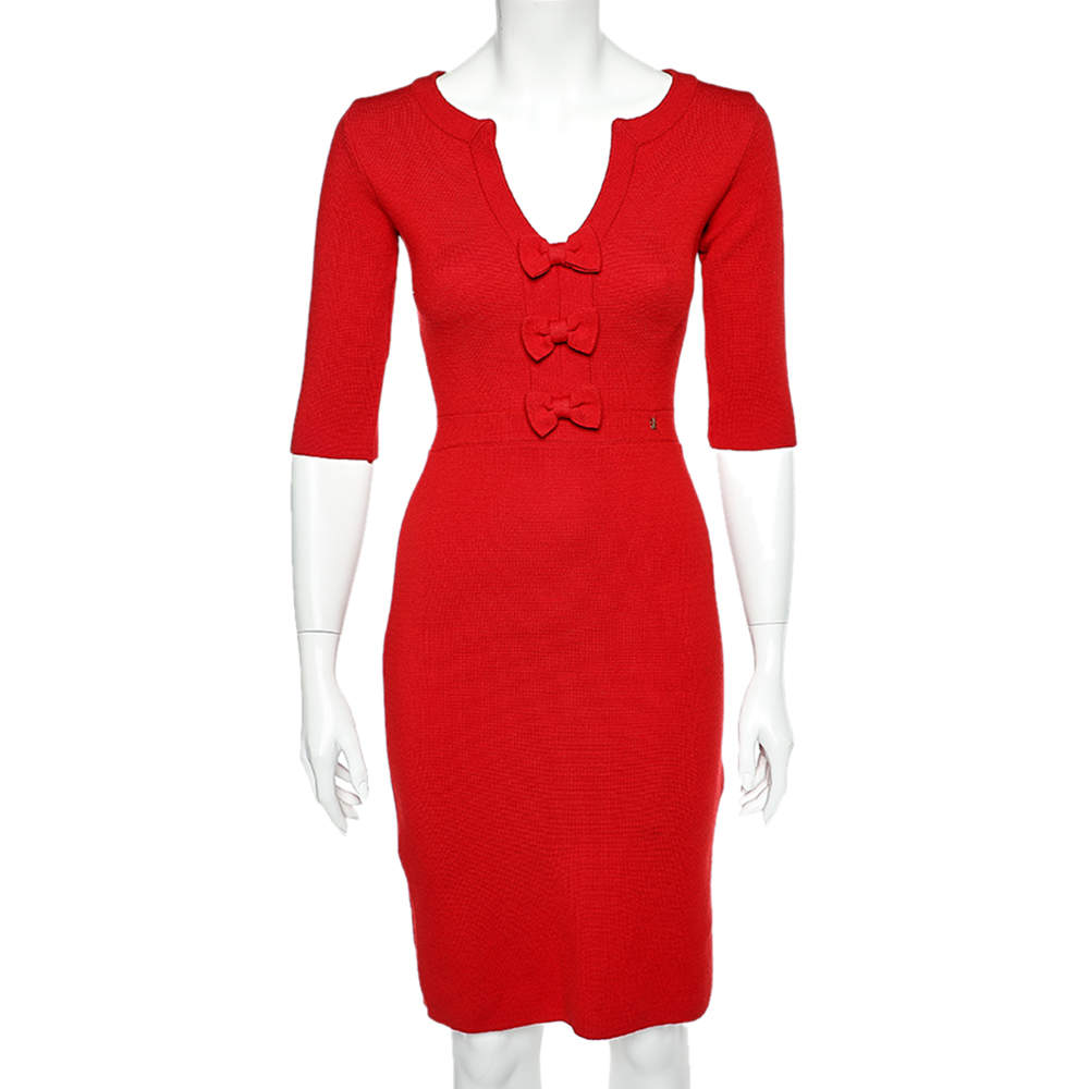 Pre Owned CH Carolina Herrera Red Wool Knit Bow Detail Dress XS