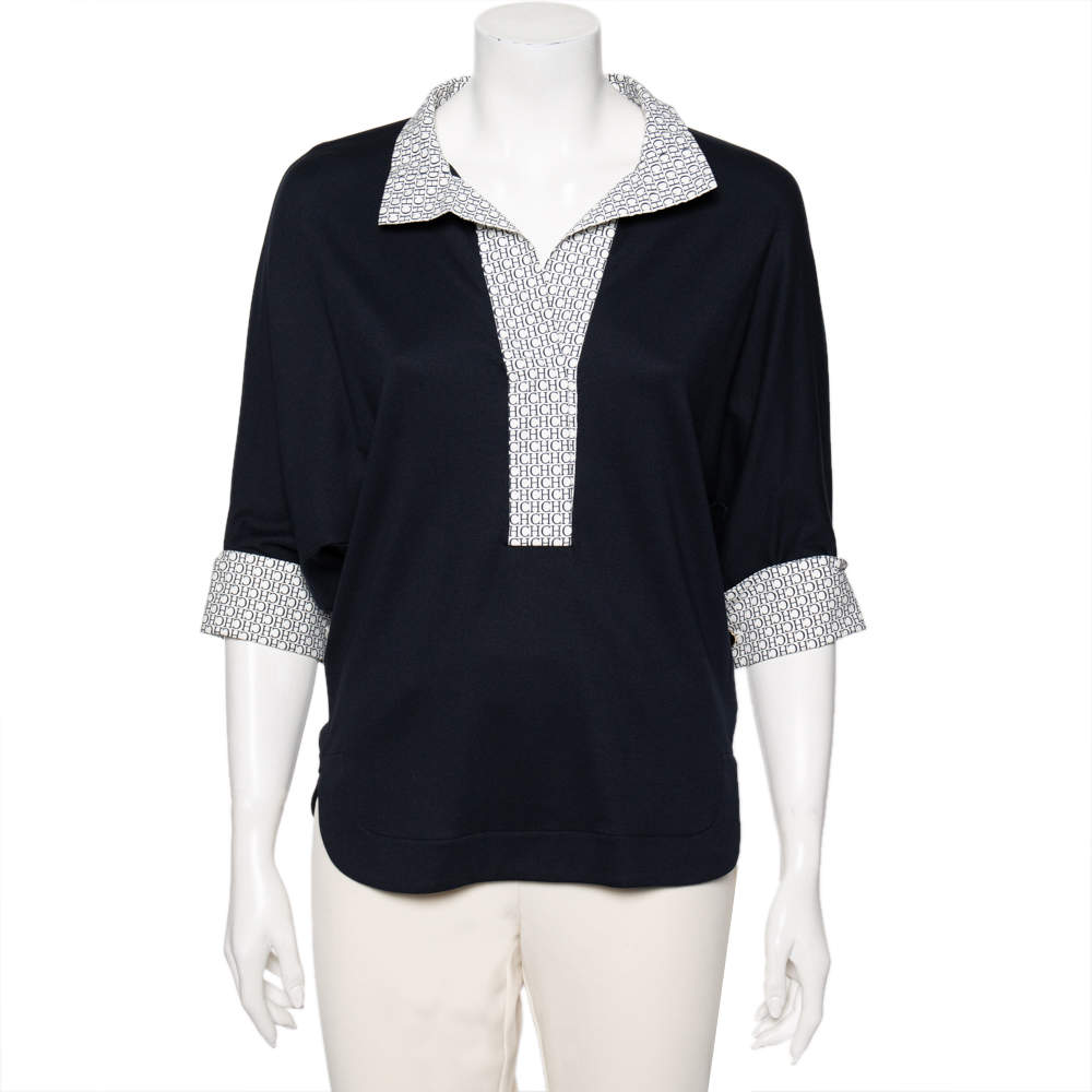 Pre Owned Carolina Herrera Navy Blue Jersey Contrast Trim Dolman Sleeve Top XS
