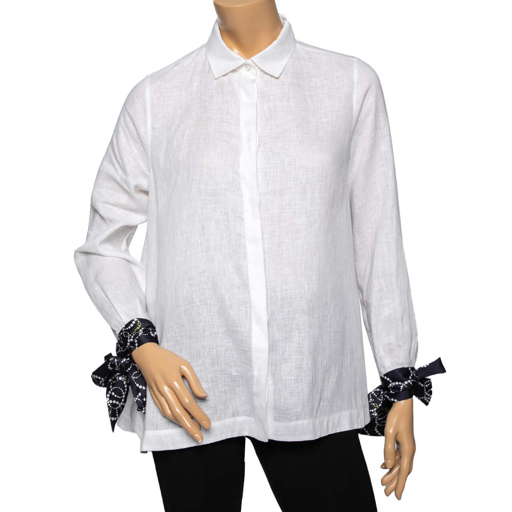 Pre Owned Carolina Herrera White Cotton Bow Tie Long Sleeves Shirt XS