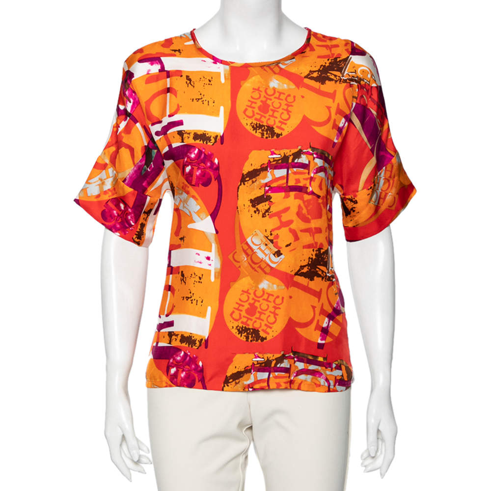 Pre Owned CH Carolina Herrera Multicolor Logo Printed Silk Crew Neck Top XS