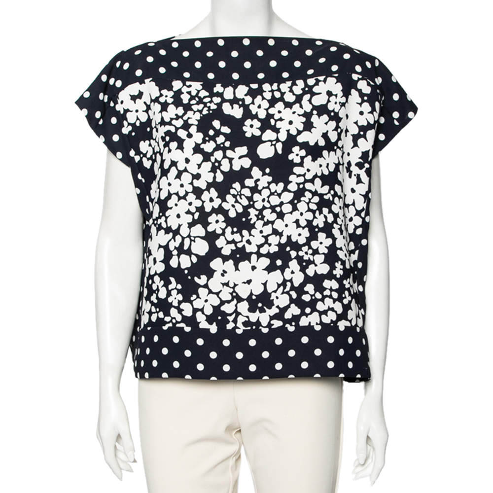 CH Carolina Herrera Navy and White Floral Print Square Top M