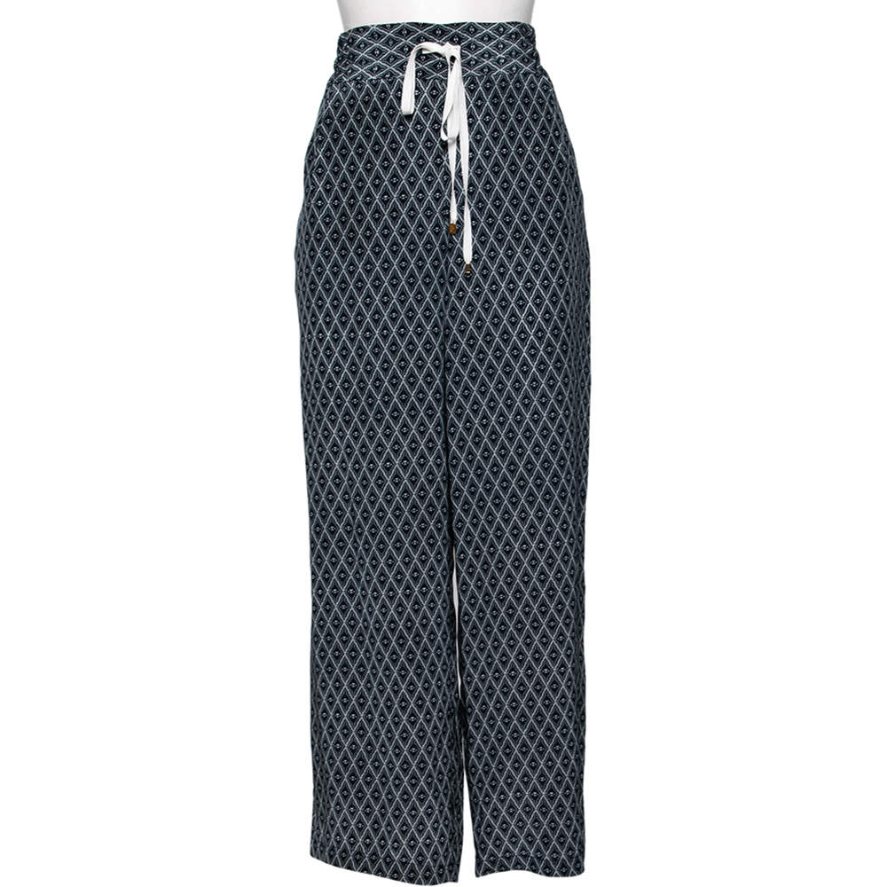 Pre Owned Carolina Herrera Navy Blue Printed Silk Blend Wide Leg Pants S