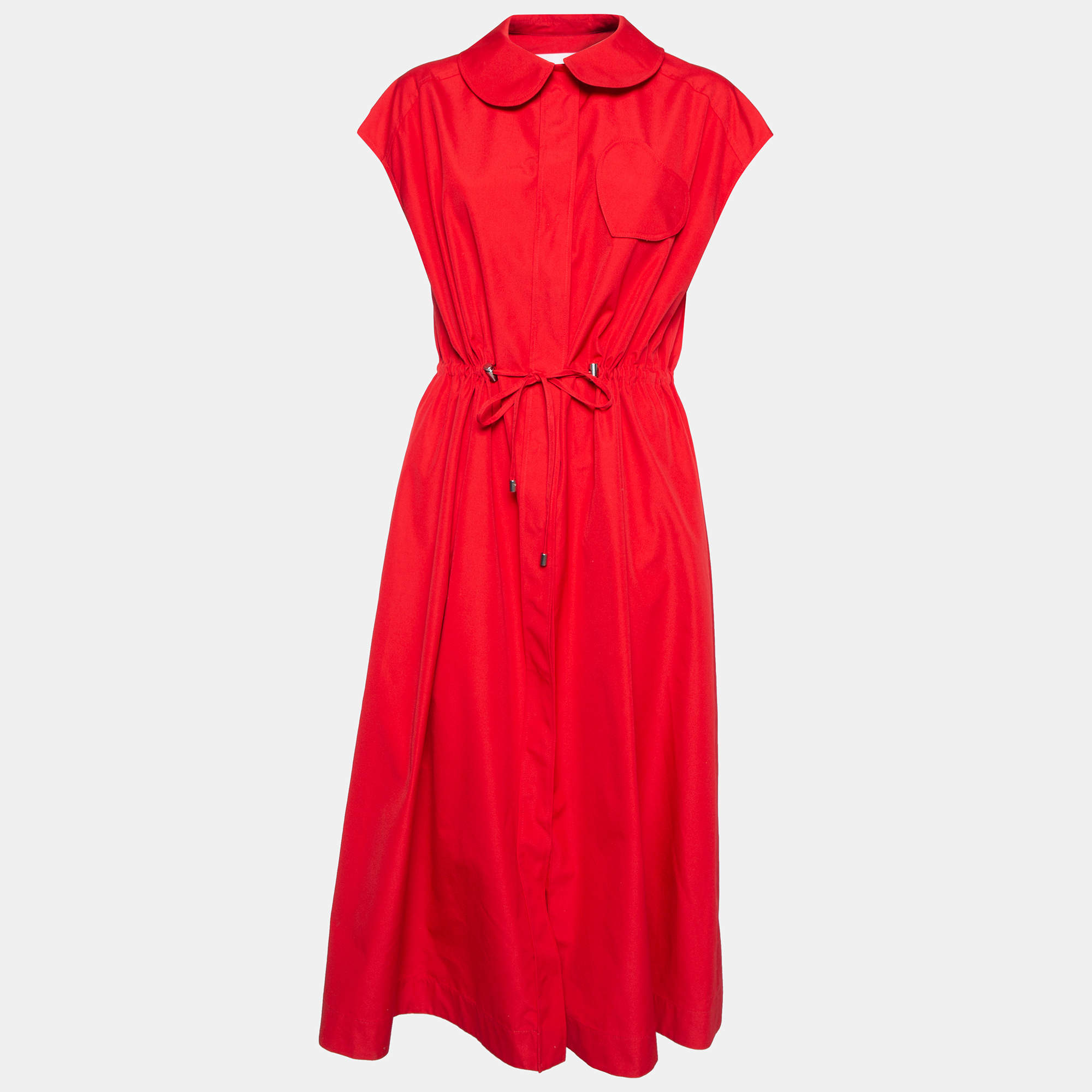 Pre Owned Carolina Herrera Red Taffeta Drawstring Waist Button Front Dress L